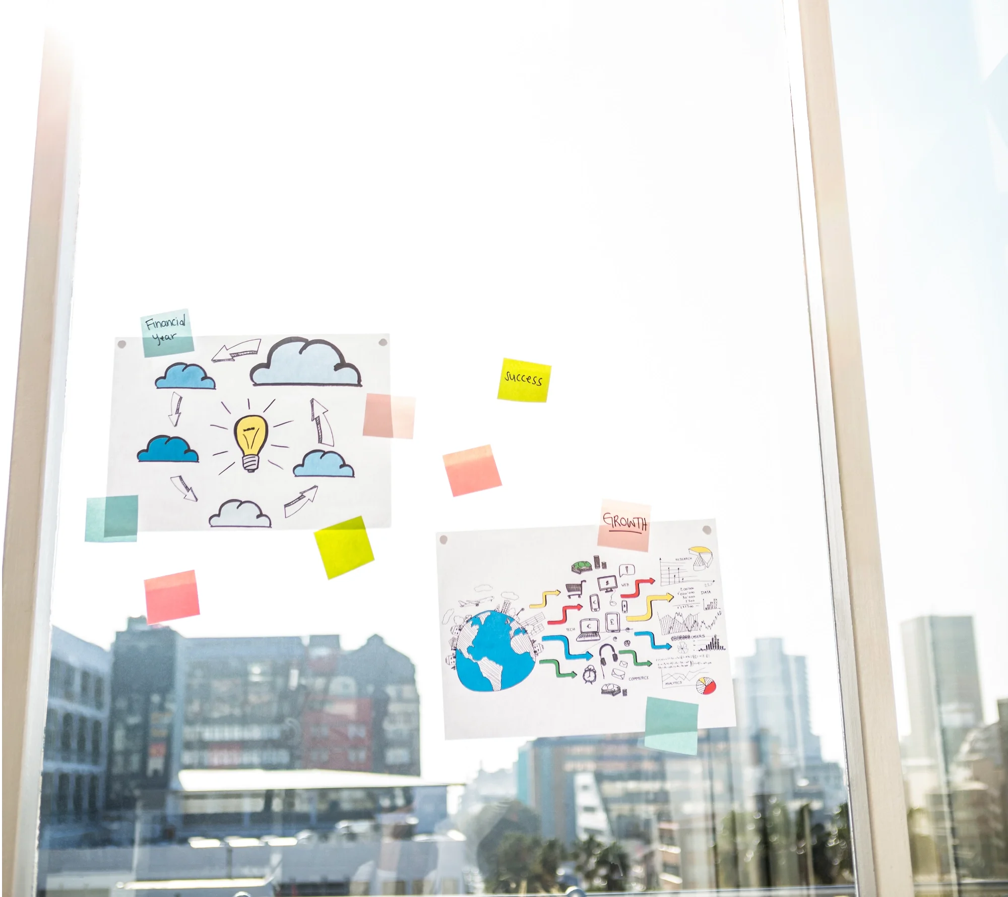 Zwei Diagramme und Notizzettel an einem Fensterbrett mit Stadtansicht im Hintergrund. Das erste Diagramm zeigt eine Glühbirne in der Mitte mit Pfeilen, umgeben von Wolken und einer Notiz 'Financial Year'. Das zweite Diagramm zeigt eine Weltkugel und eine Reihe von Pfeilen und Diagrammen mit einer Notiz 'Growth'. Zwischen den Diagrammen ist ein gelber Notizzettel mit 'Success'.