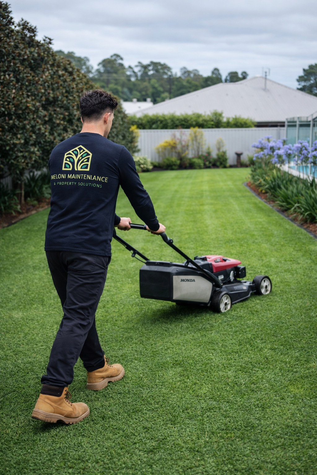 A man in black clothing and tan work boots mows a lush green lawn with a red and black Honda lawnmower in a suburban backyard with flower beds and a white fence.