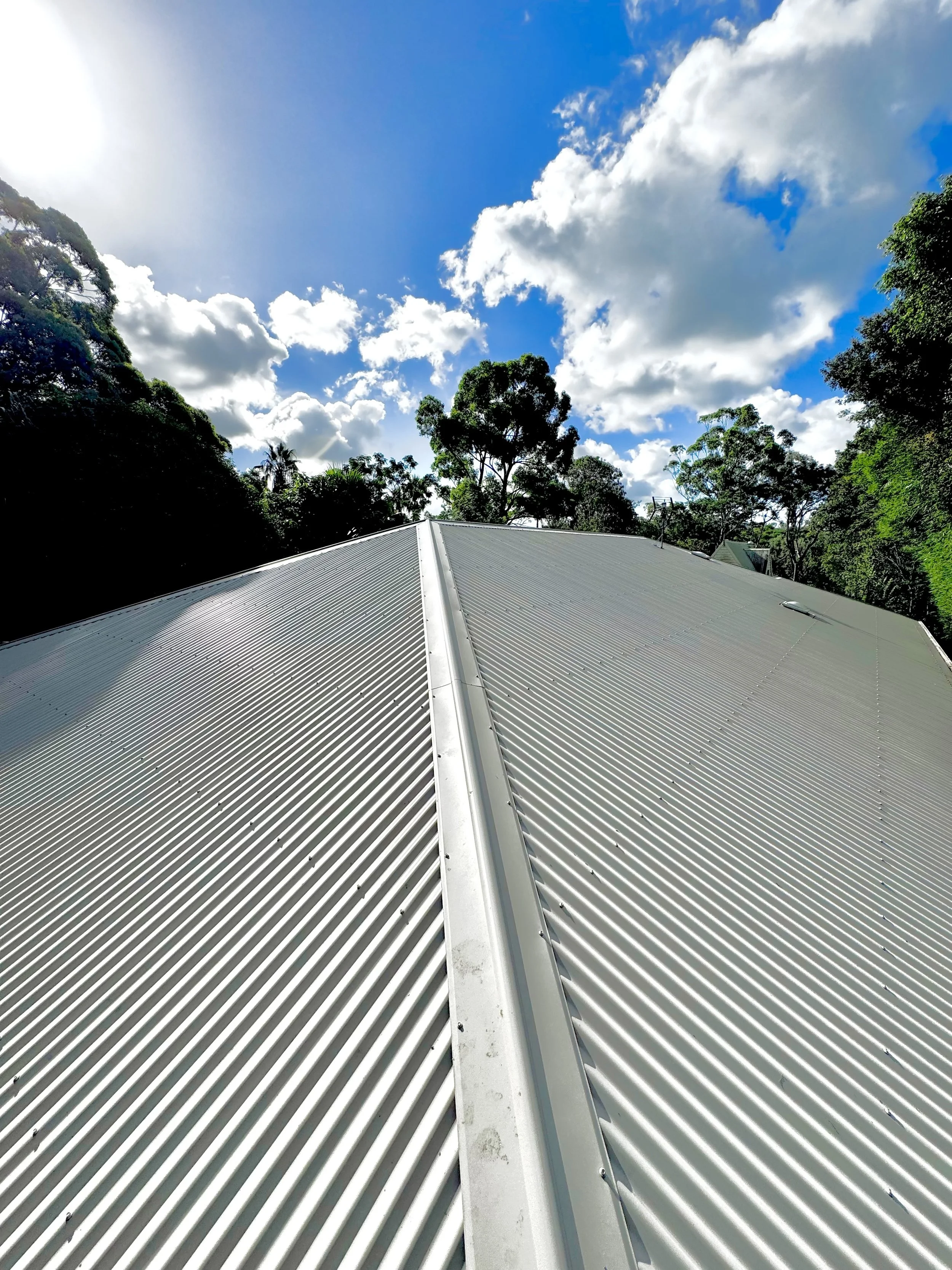 Metal roof with ridges and a central ridge cap, surrounded by trees and a partly cloudy sky with sunlight.