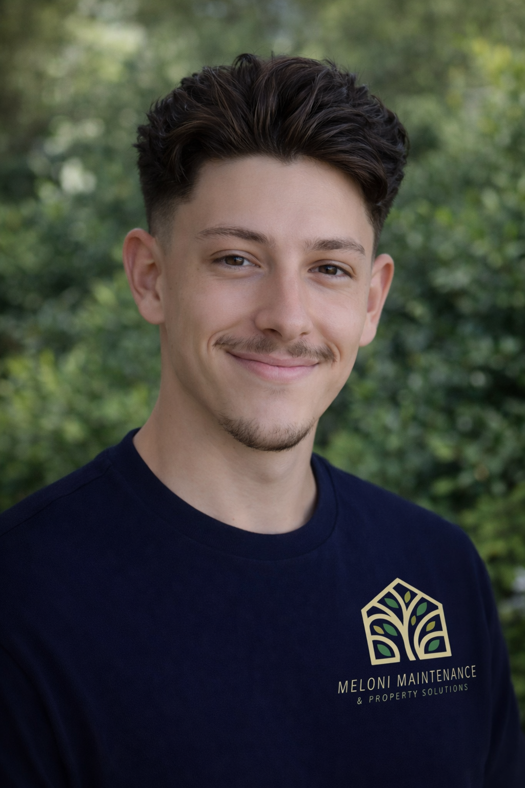 A young man with brown hair, a thin mustache, and a small goatee smiling outdoors with greenery in the background, wearing a navy blue T-shirt with a logo for Meloni Maintenance & Property Solutions.