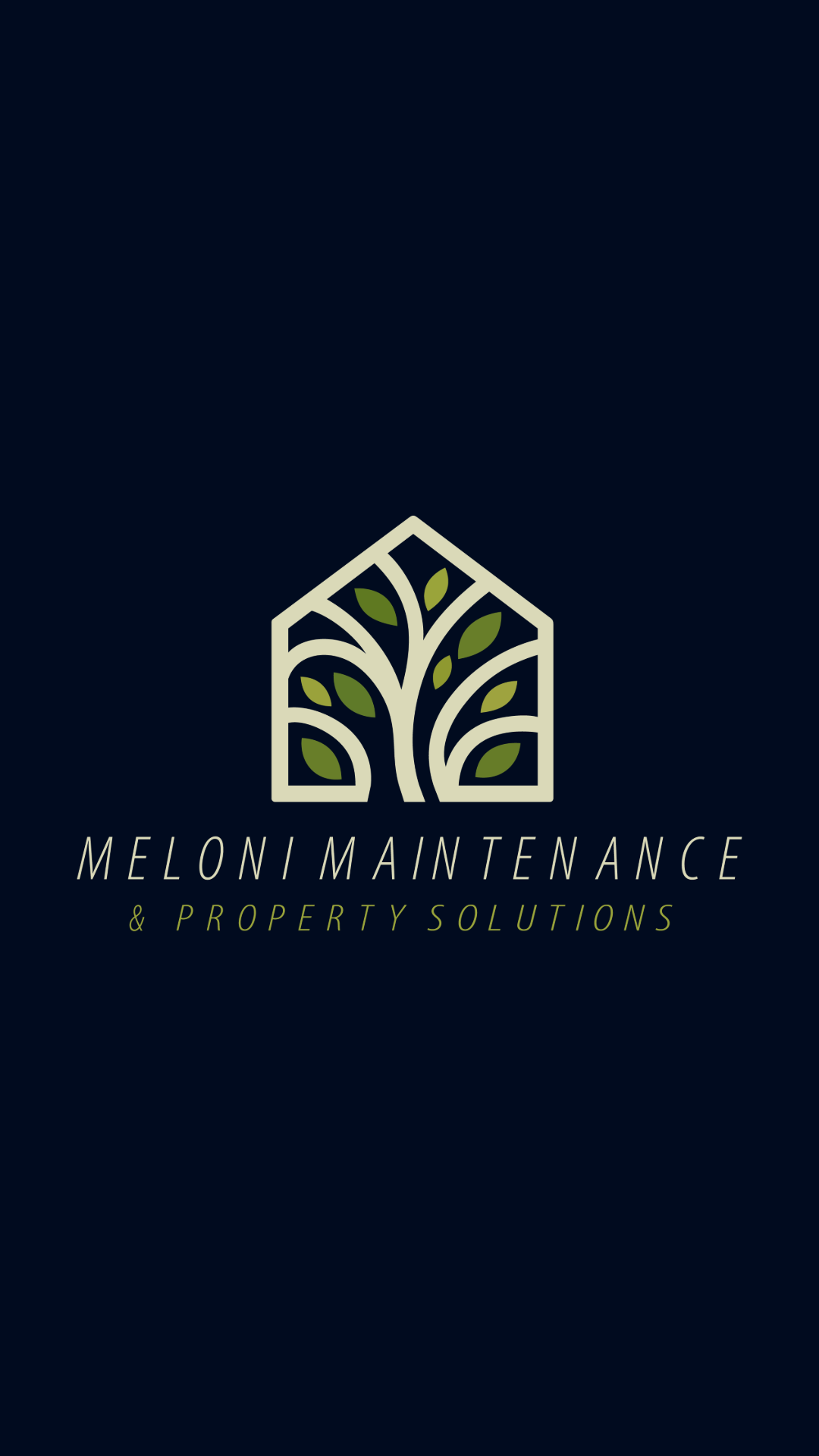 Logo for Meloni Maintenance & Property Solutions featuring a stylized house and tree design on a dark background.