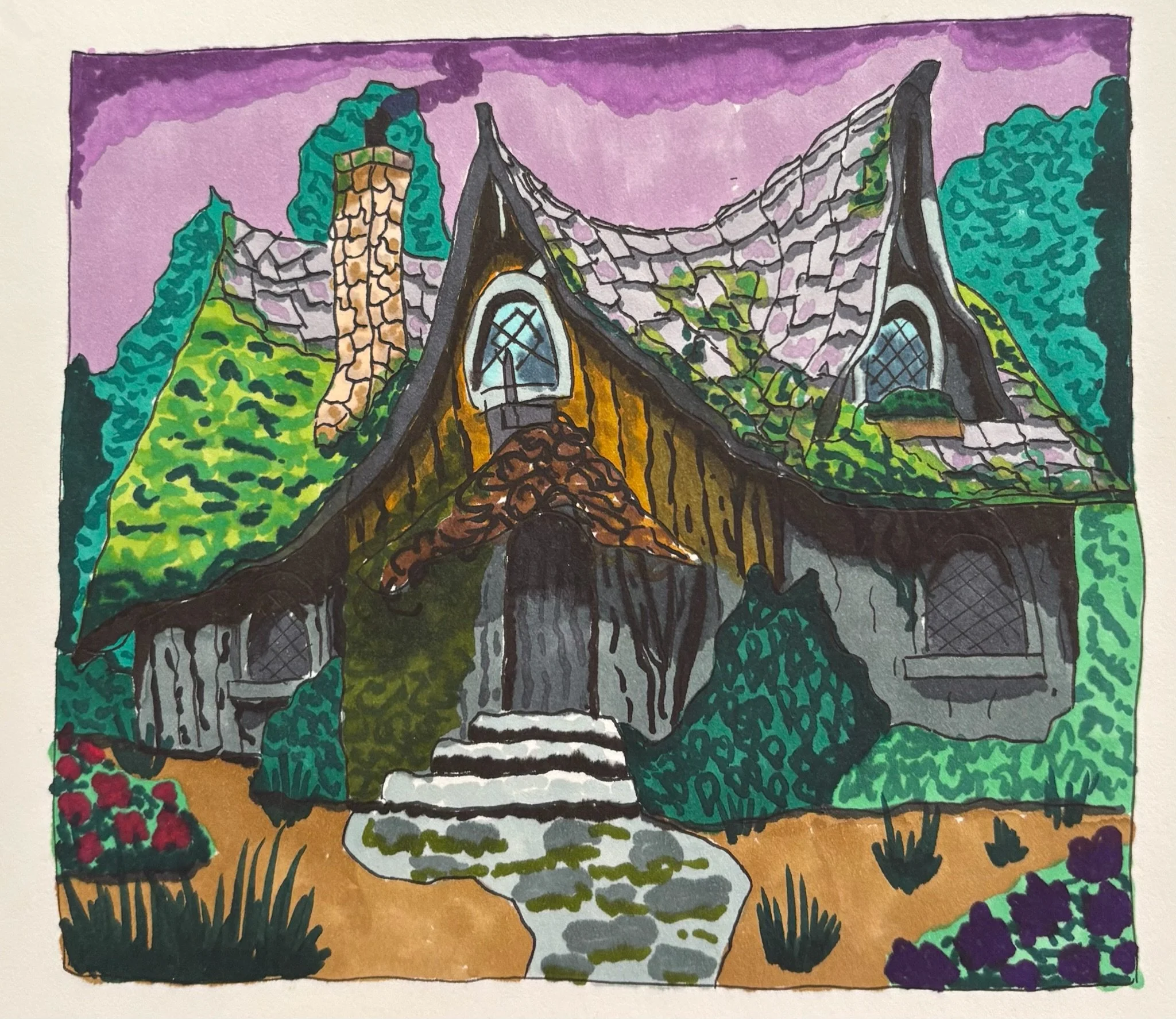 Witch cottage sketch, Markers, 14 x 12 cm, 2025
