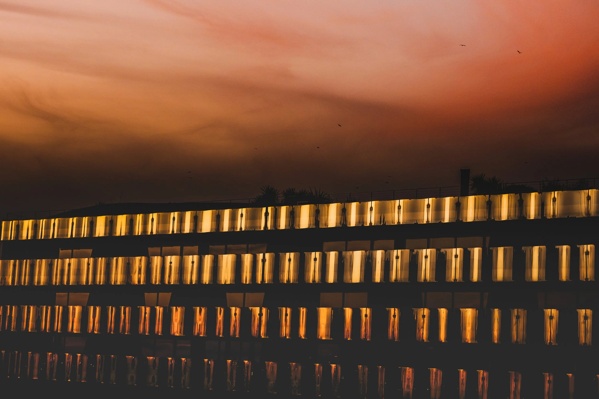 Un bâtiment avec des fenêtres illuminées en or, reflet dans l'eau. Ciel orangé avec quelques oiseaux en vol.