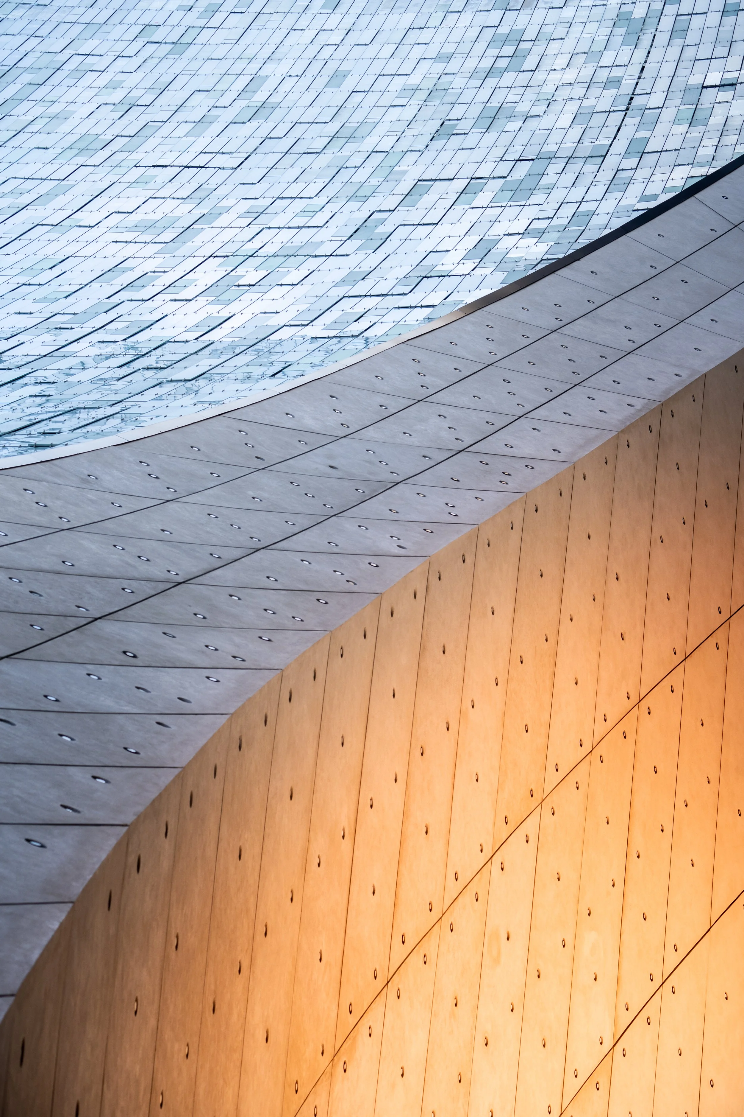 Vue architecturale de plusieurs surfaces de bâtiments modernes avec des matériaux en verre, métal et bois, formant des formes géométriques courbes.