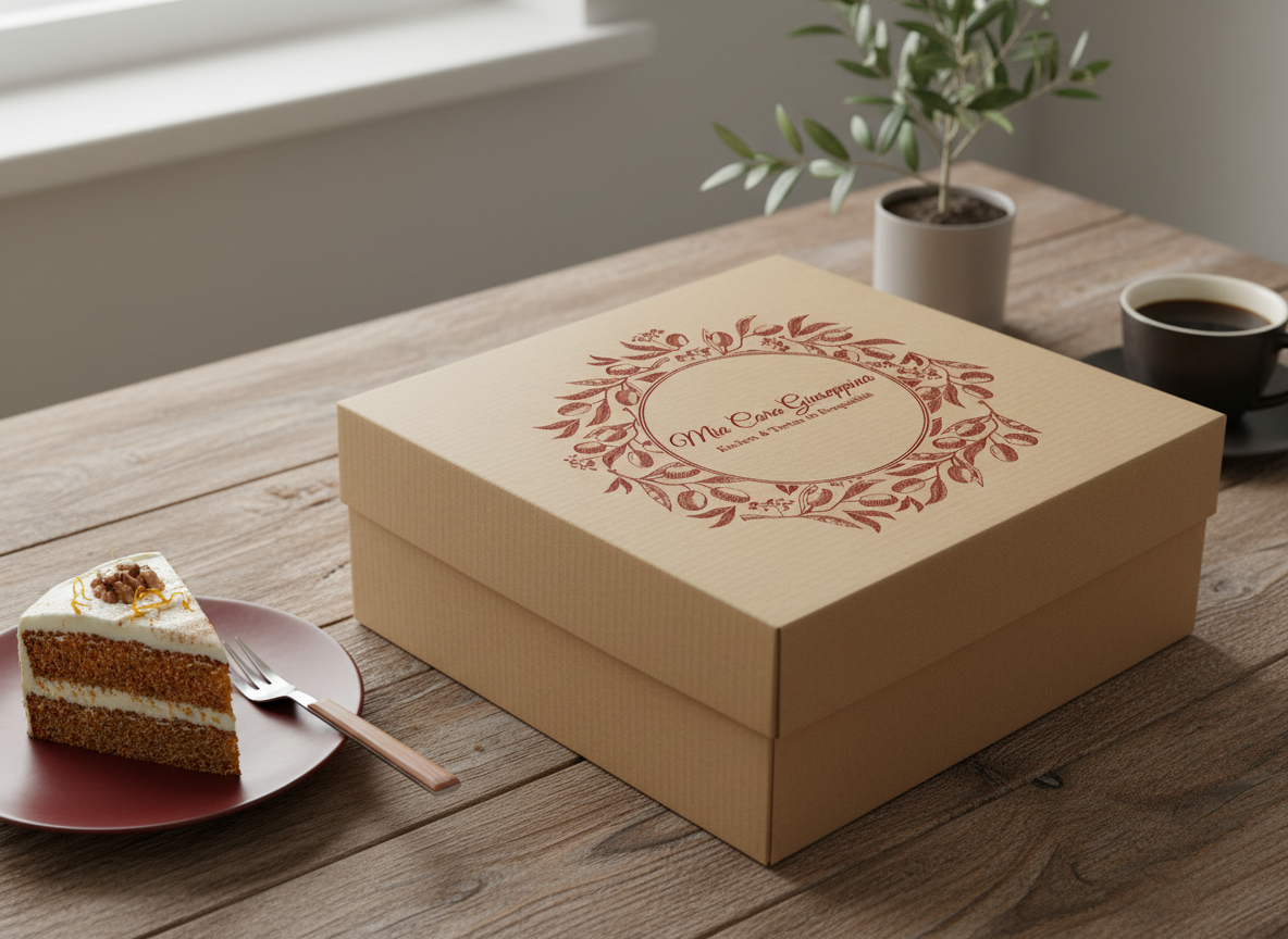 Ein Pappkarton mit einer dekorativen Umrandung und dem Text 'Mia One Glutyrio' auf einem Holztisch, neben einer Tasse Kaffee, einem Stück Kuchen mit Guss und Nüssen, und einer Topfpflanze im Hintergrund