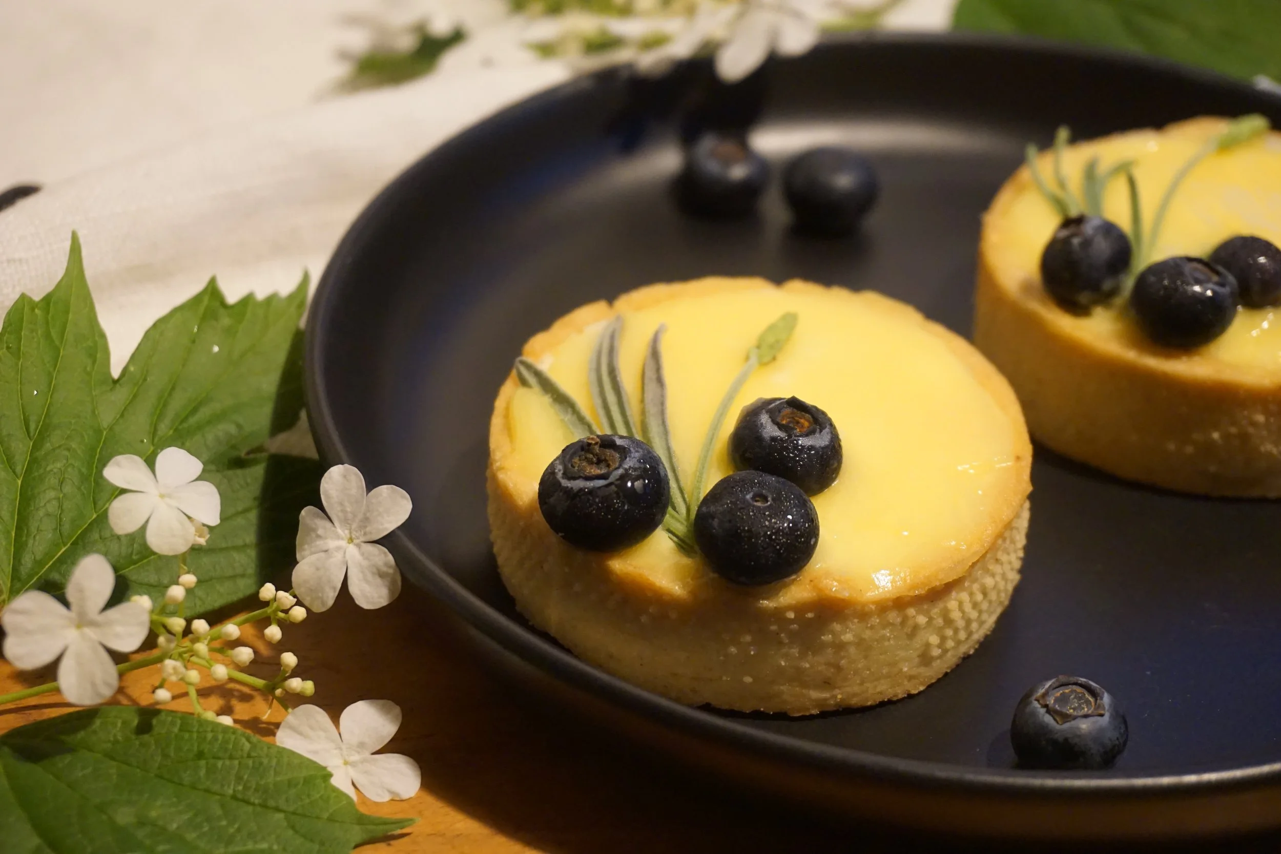 Törtchen mit Zitronencreme, Heidelbeeren und Lavendel auf schwarzem Teller, umgeben von Holunderblüten und blättern.