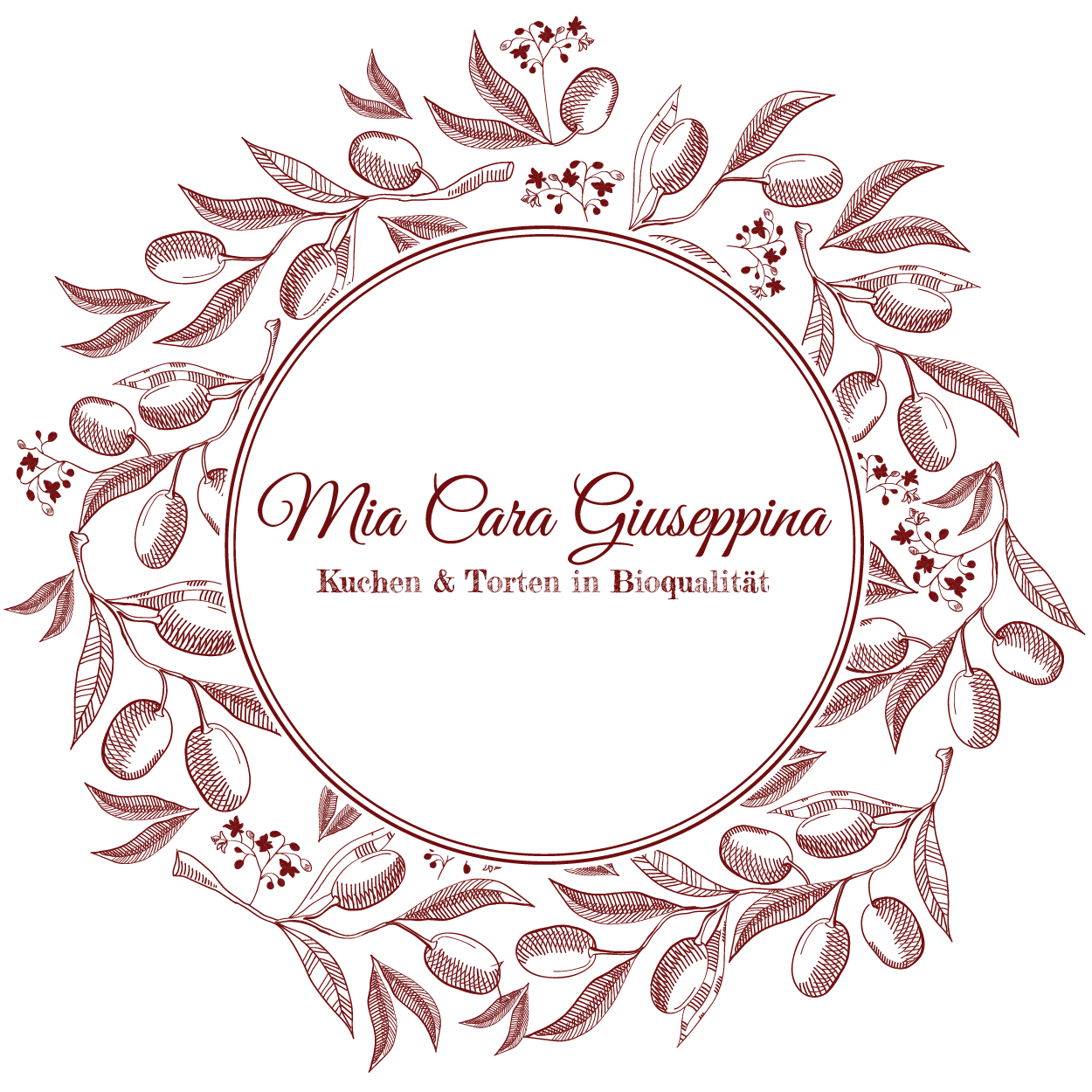 Logo für Mia Cara Giuseppina mit roten Olivenzweigen und schwarzem Hintergrund, Text in der Mitte: "Mia Cara Giuseppina Kuchen & Torten in Bioqualität".