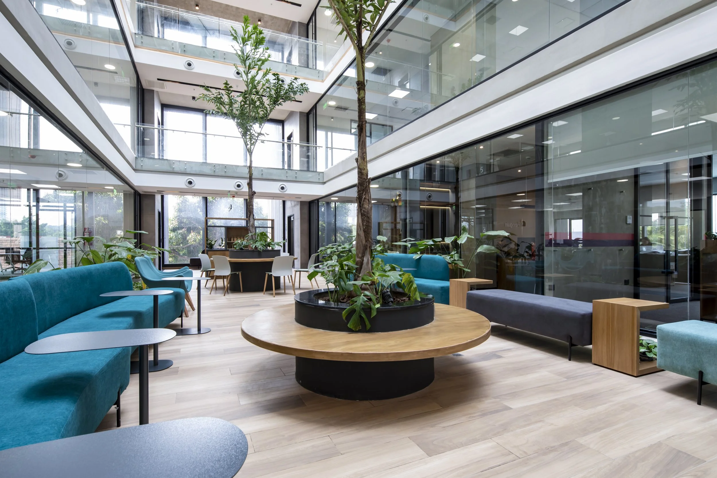 PRO ARQUITECTURA PARAGUAY architecture design PROSA
Vestíbulo moderno con plantas y muebles de color azul y gris, paredes de vidrio y pisos de madera clara.