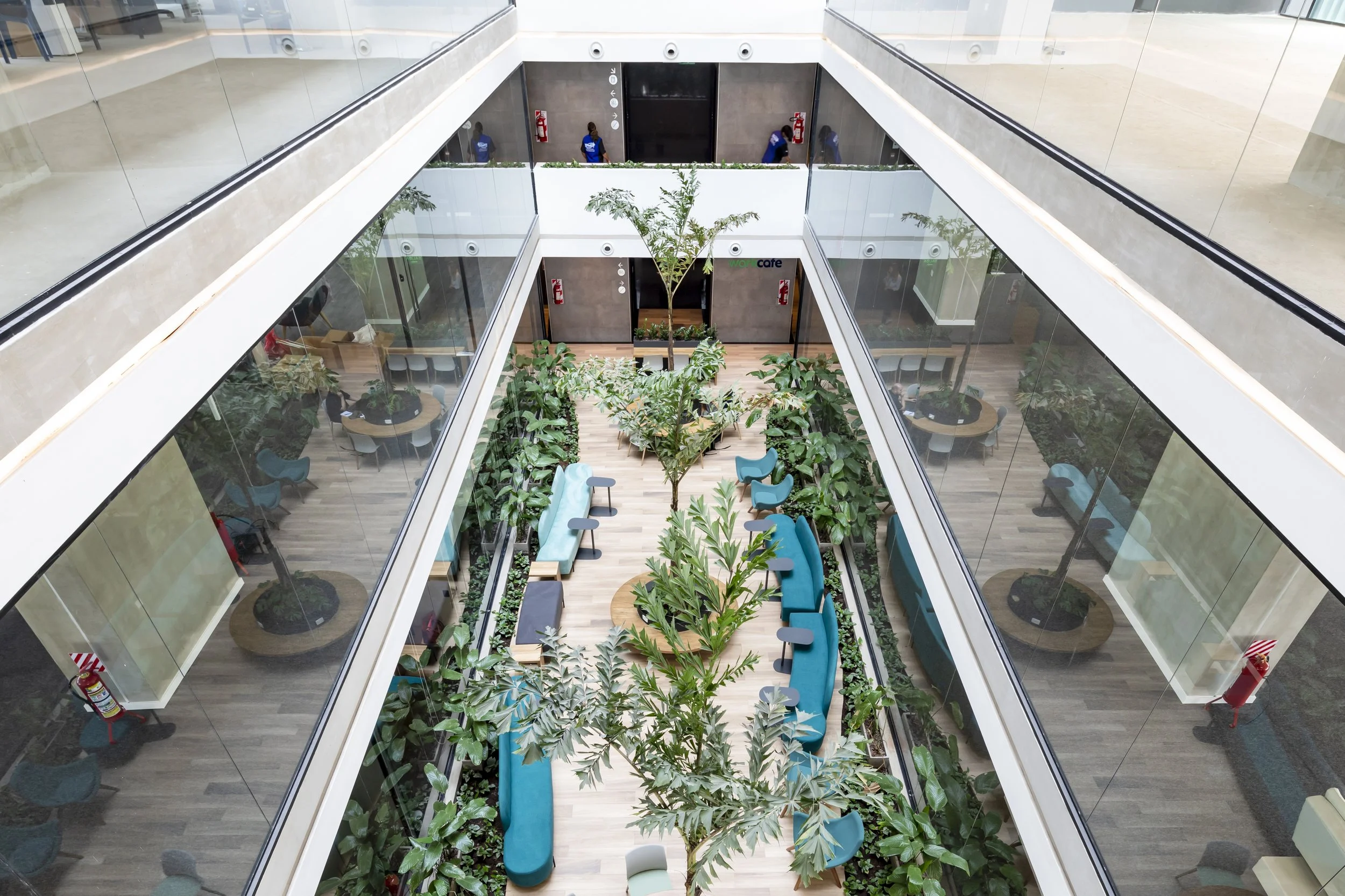 PRO ARQUITECTURA PARAGUAY architecture design PROSA
Ático con zona de descanso y plantas en el centro del pasillo, con paredes de vidrio y puertas en ambos lados, y escaleras en la parte superior.