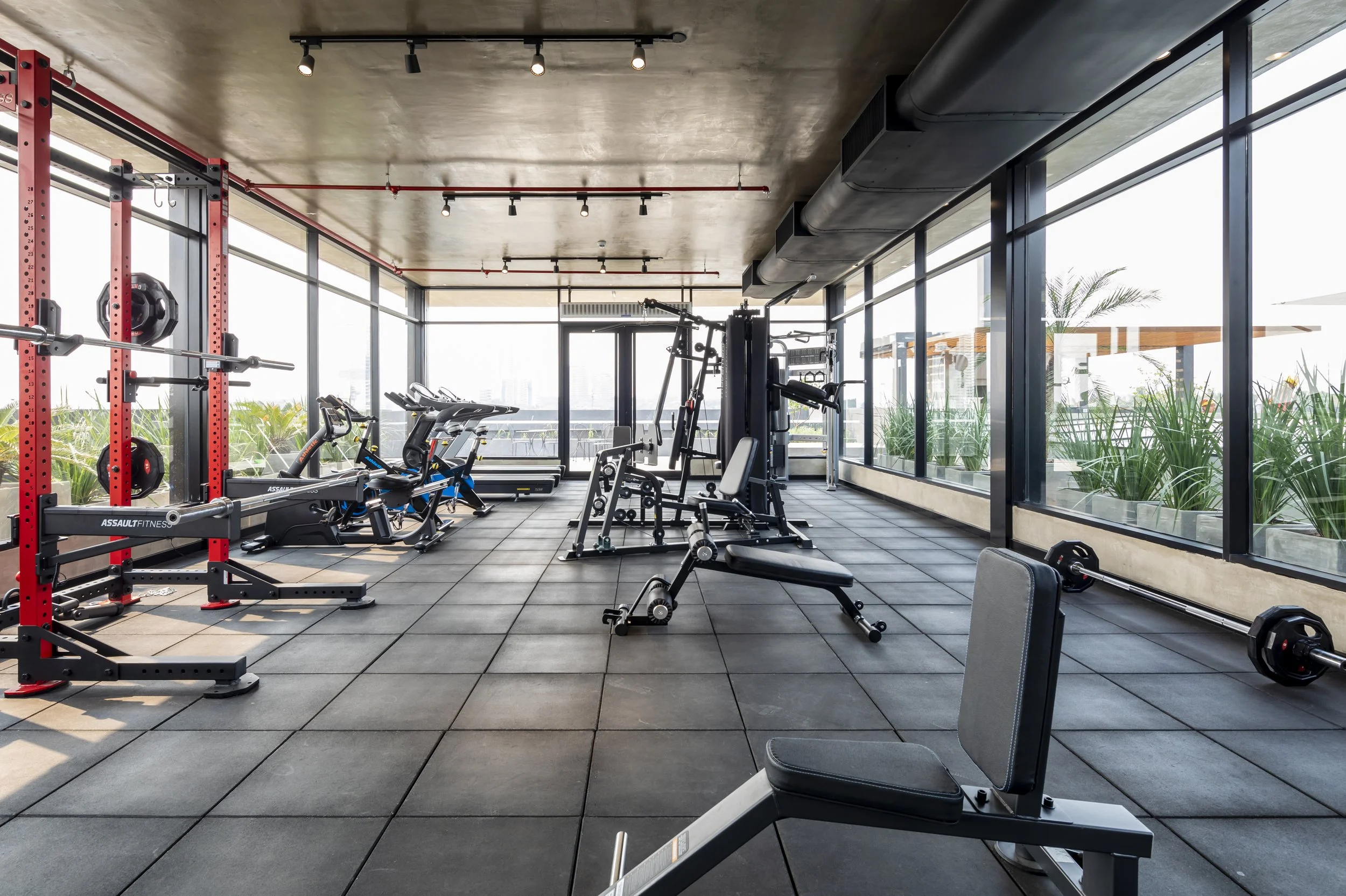 PRO ARQUITECTURA PARAGUAY architecture design PROSA
Sala de gimnasio moderna con equipos de ejercicio como pesas, máquinas de cardio y pesas libres, con ventanas grandes y vista exterior con plantas verdes.
