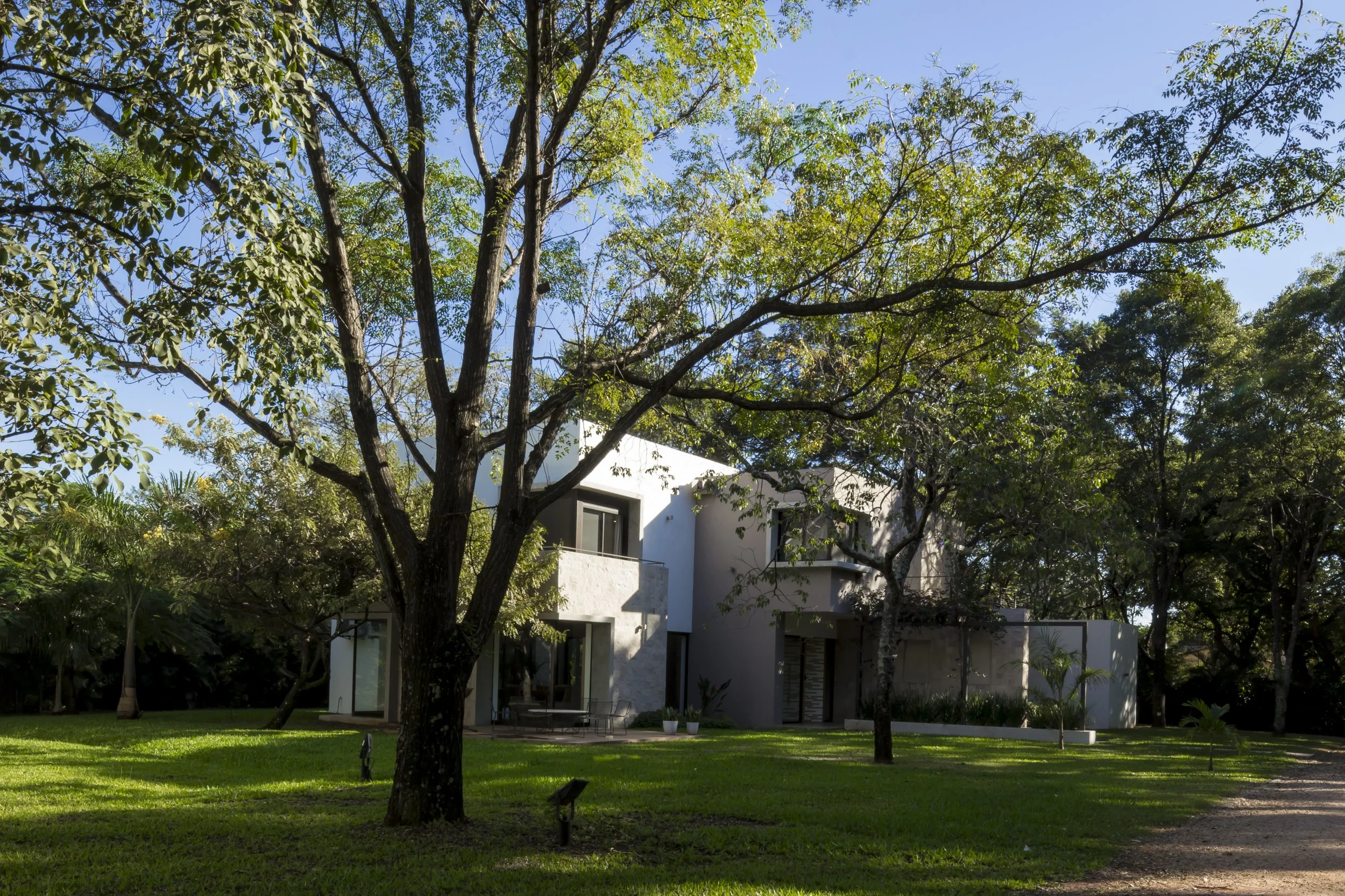 Casa moderna con jardín y árboles frondosos, bajo cielo despejado.