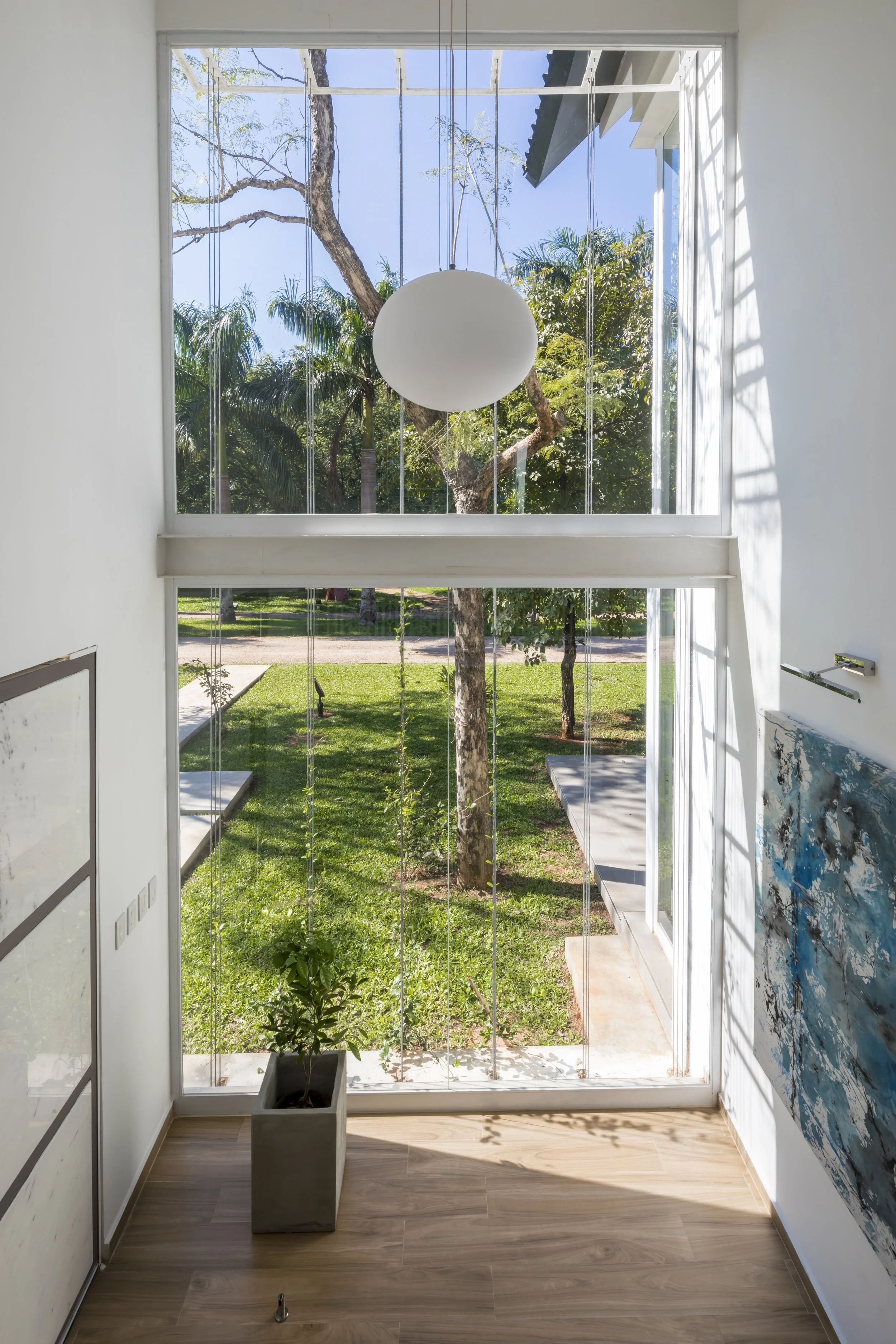 Vista desde el interior de una sala con paredes blancas, un cuadro en la parte izquierda, una planta en una maceta en el suelo, y un gran ventanal que da a un jardín con árboles y césped, con luz solar y sombra proyectada en la pared derecha.