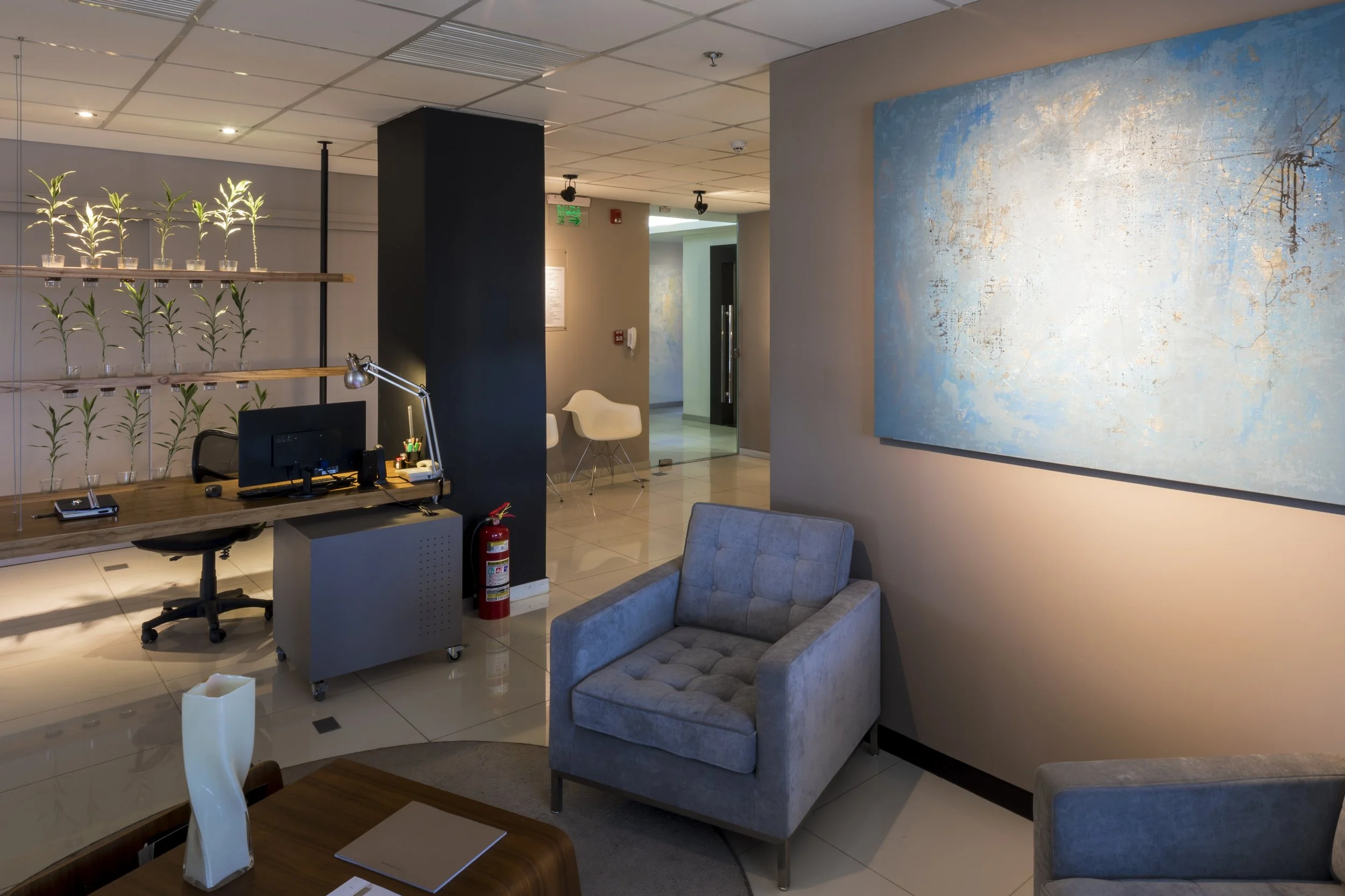 PRO ARQUITECTURA PARAGUAY architecture design PROSA
Recepción moderna con sillones de descanso, escritorio de trabajo, plantas en repisa y obra de arte en la pared.