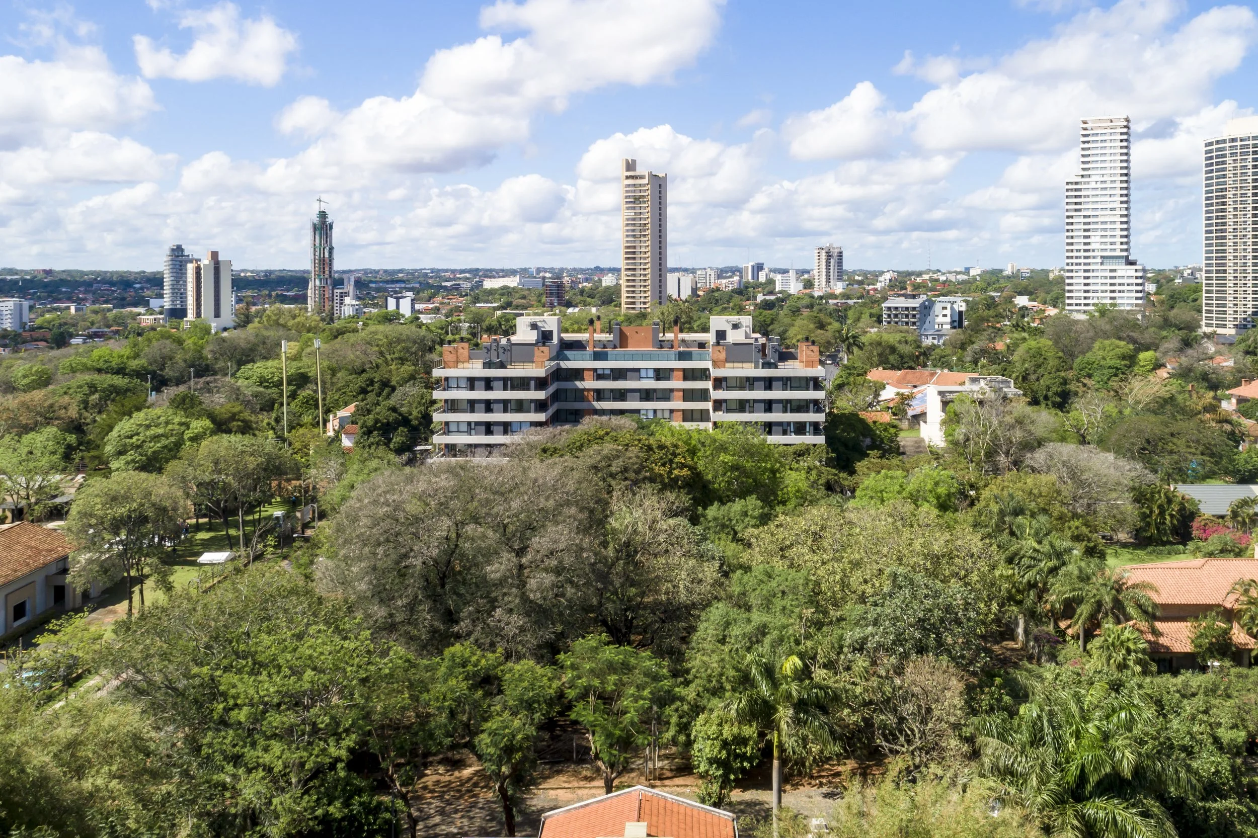 Vista urbana con árboles, edificios residenciales y rascacielos en el fondo, cielo despejado con nubes.