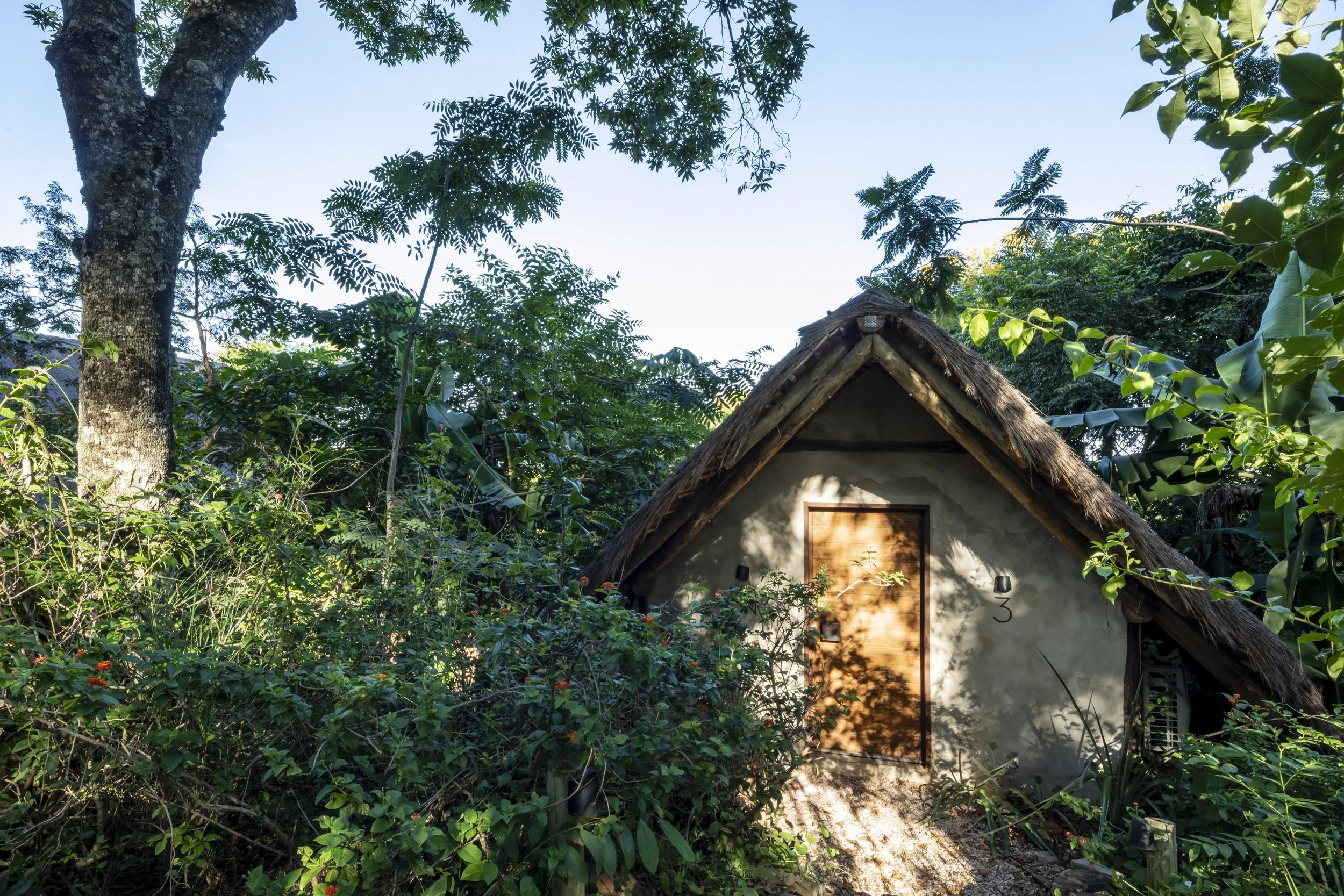 	
PRO ARQUITECTURA PARAGUAY architecture design PROSA
Casa de campo rústica con tejado de paja, rodeada de vegetación en un entorno selvático bajo un cielo despejado.