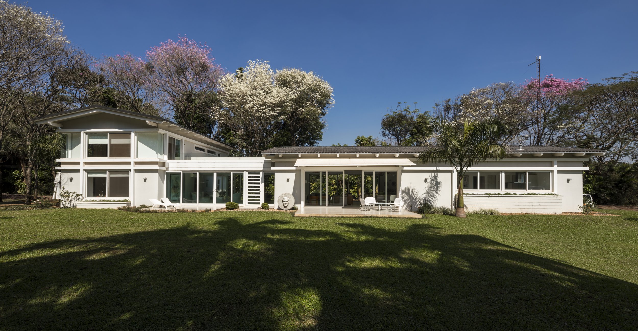 Casa moderna de una planta con ventanas grandes en un césped verde, rodeada de árboles con flores en flor, bajo un cielo despejado