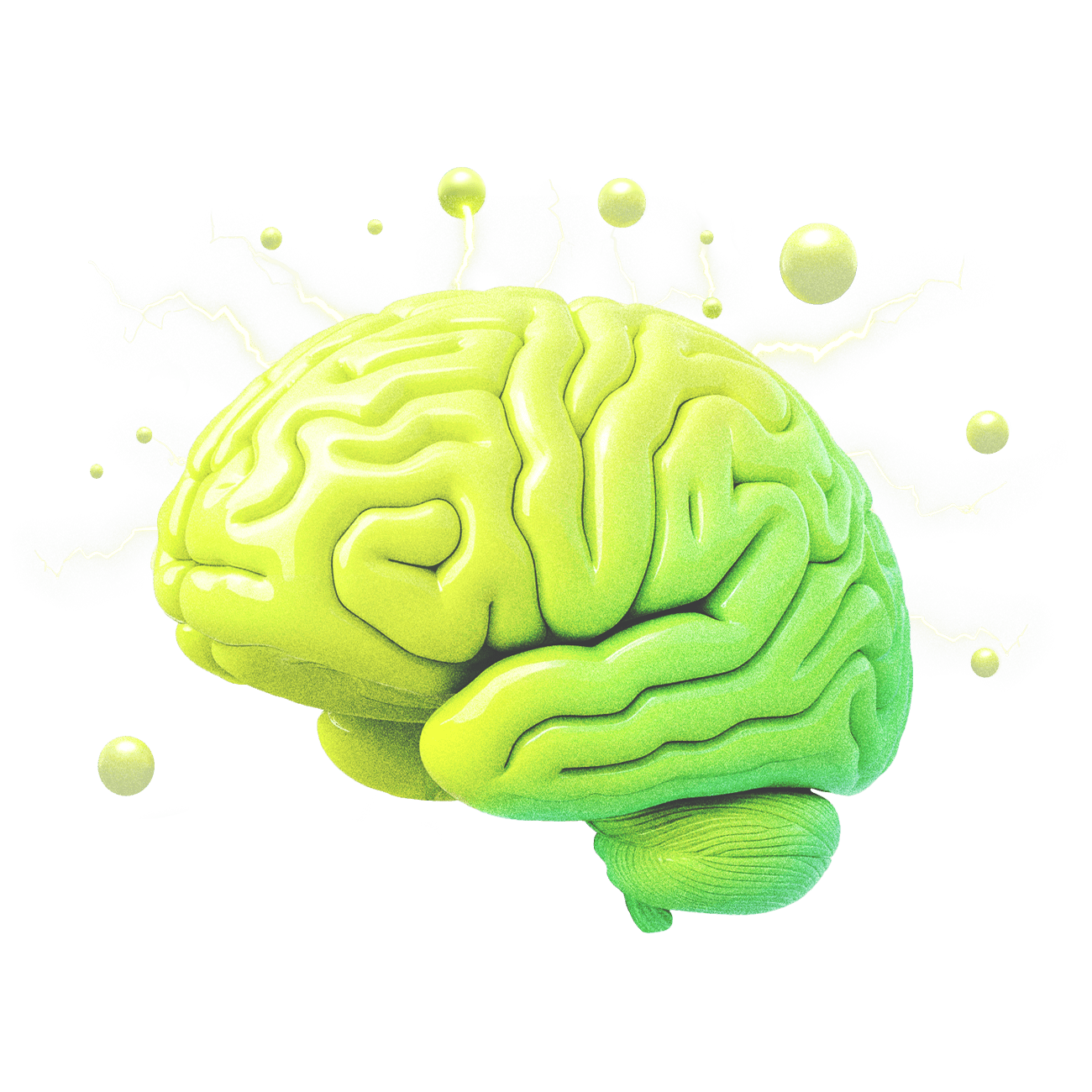 Kuvituskuva aivoista, jossa on sähköisiä purkauksia ja pieniä palloja ympärillä.
