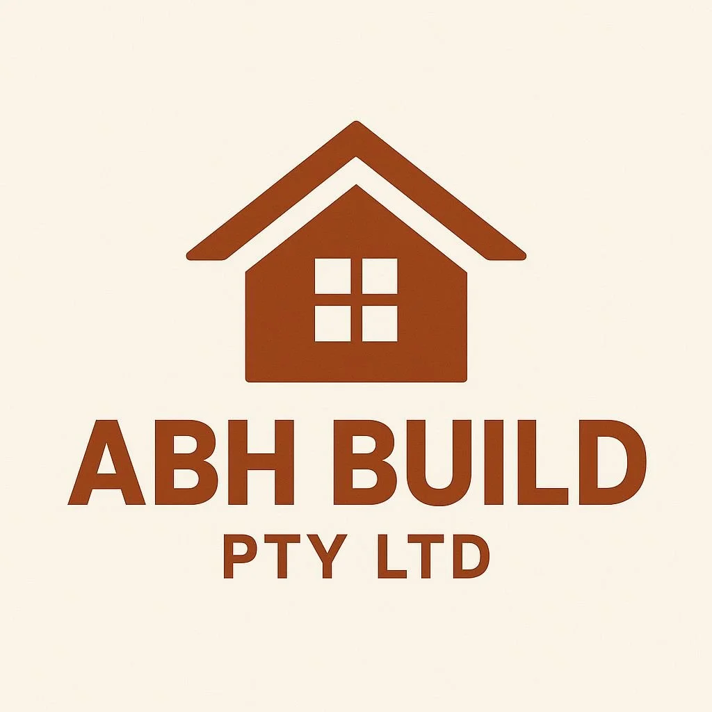 Logo for ABH Build PTY LTD featuring a brown house silhouette with a window and a sloped roof on a cream background.