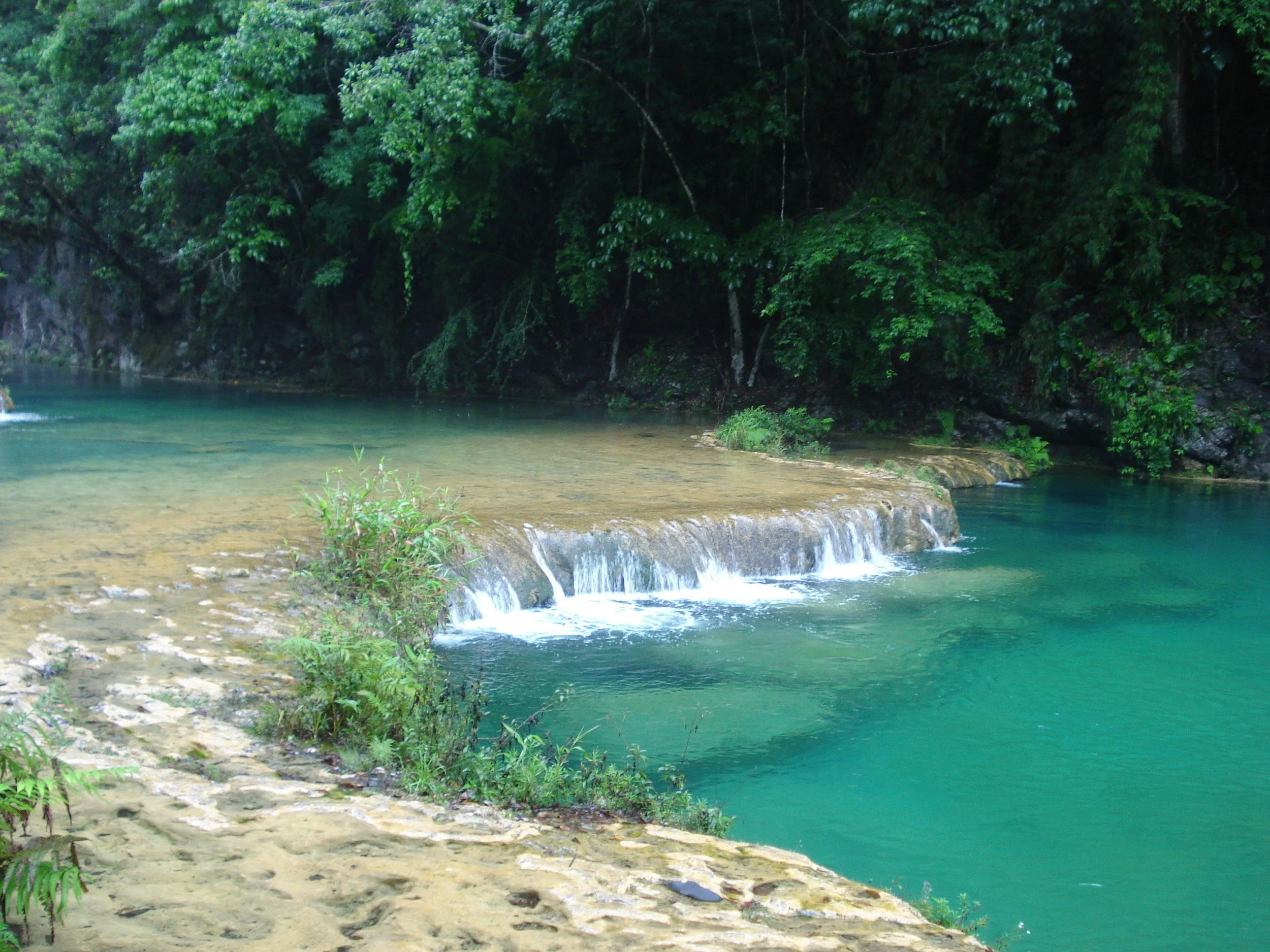 Een rustig waterlandschap met een kleine waterval en groene begroeiing.