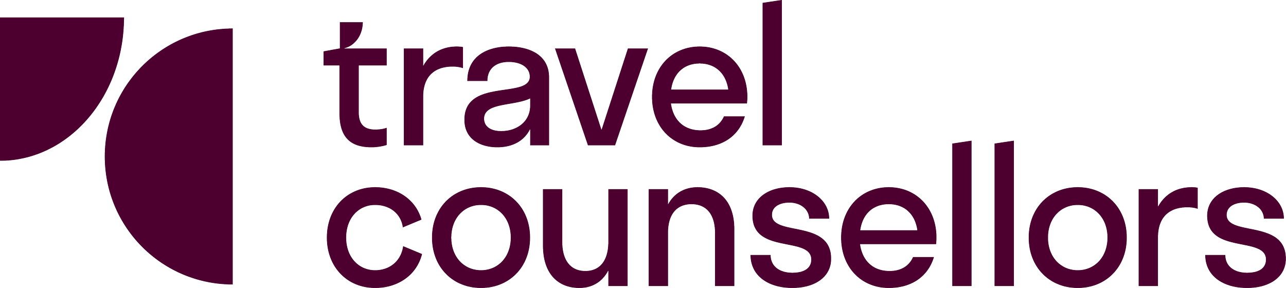 Logo met tekst 'Travel Counselors' in paarse kleuren.
