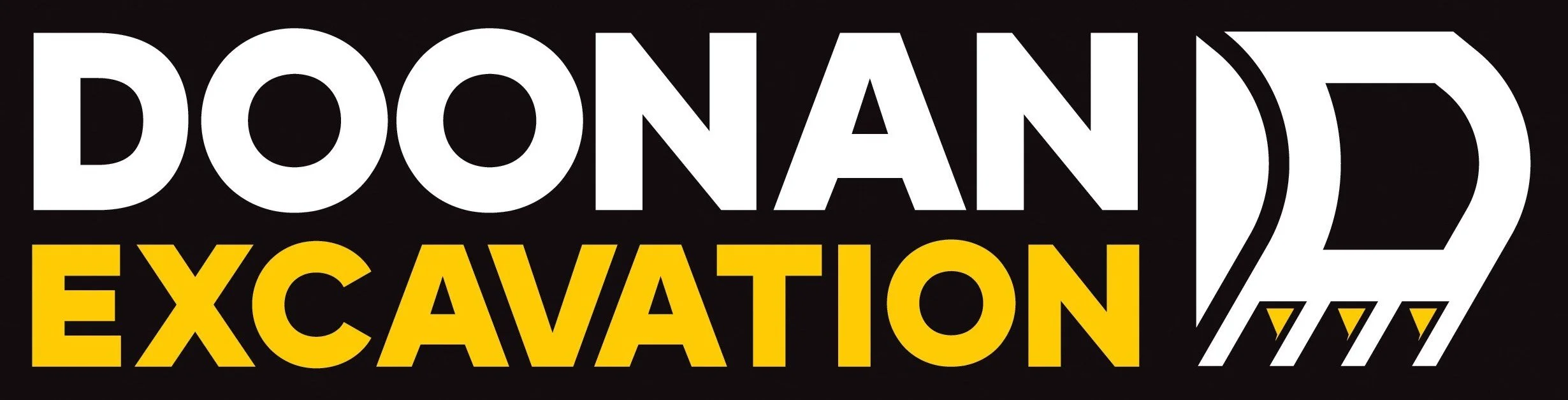 Logo for Doonan Excavation with large black and white text and yellow text on a black background.
