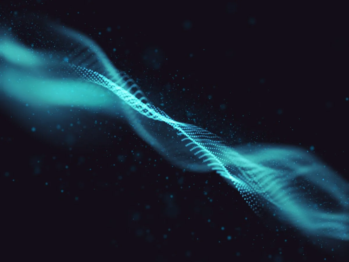 Abstract digital wave of glowing blue particles and lines flowing through a dark background.