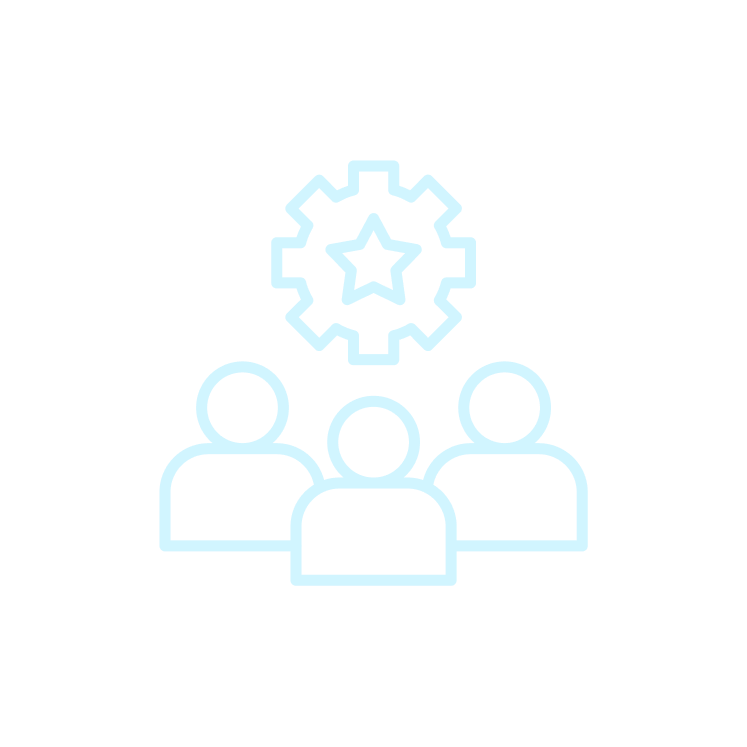 Outline of three people with a gear and star above them, representing teamwork or leadership.