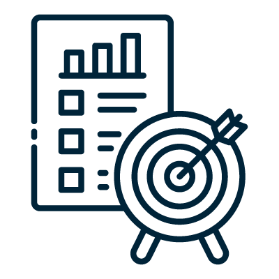 Icon of a performance report with bar graphs and checkboxes next to a target with an arrow hitting the bullseye