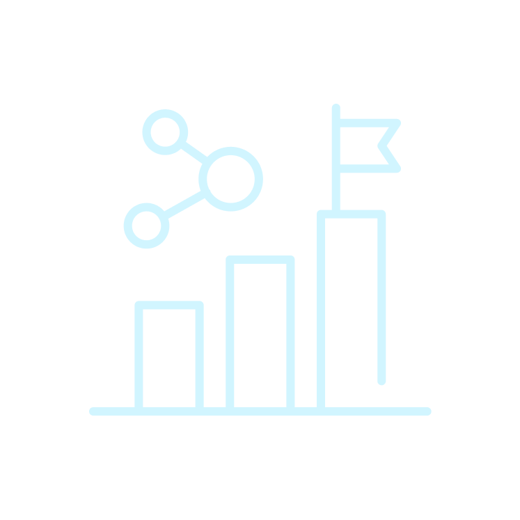 Line graph with four ascending bars and a flag at the top of the highest bar, with a molecule icon in the top left corner, all in a light blue outline on a black background.