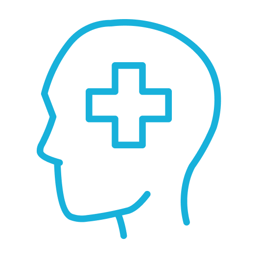 Outline of a human head with a medical cross inside, depicted in blue on a black background.
