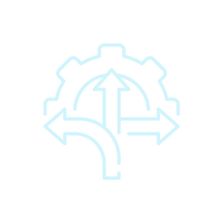 Neon icon of gear with arrows indicating options for left, right, up, and down, representing settings or directions.