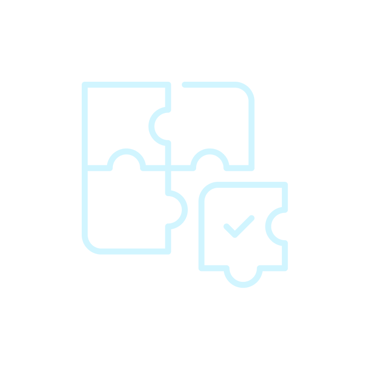 Outline of four interconnected puzzle pieces with a checkmark on one piece, representing teamwork or puzzle completion.