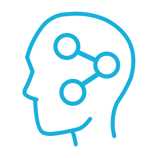 Outline of a human head with connected nodes representing a network or brain activity