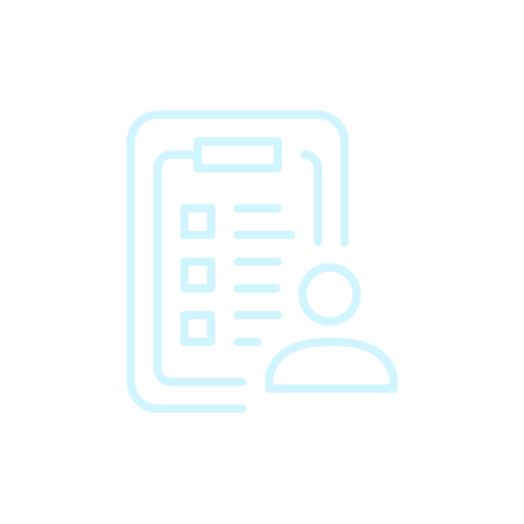 Light blue outline icon of a clipboard with a checklist and a person's head and shoulders in front of it on a black background.