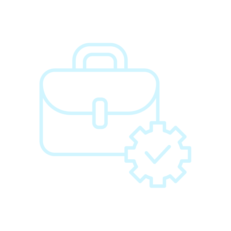 Outline icon of a briefcase with a checkmark inside a gear symbol, representing verified or certified professional business or work.