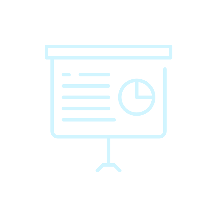 Line art icon of a presentation board with text lines and a pie chart on a stand.