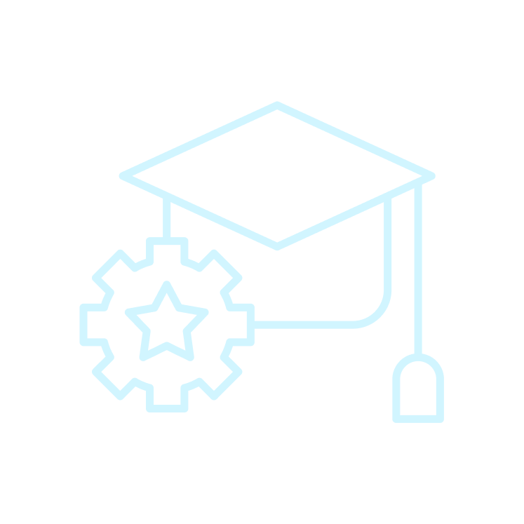 Light blue outline of a graduation cap, gear, and mouse, symbolizing education technology or e-learning.