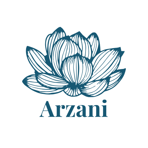 Un logo représentant un lotus bleu avec le nom 'Arzani' en dessous.