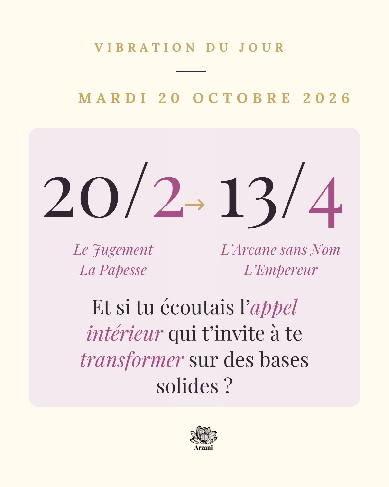 💛 Belles &acirc;mes, ce mardi nous invite &agrave; une profonde renaissance 🕊️

✨ Le 20/2 du jour nous offre la vibration du 2 : l&rsquo;&eacute;coute, l&rsquo;intuition, la patience. Elle s&rsquo;exprime &agrave; travers Le Jugement (20), l&rsquo;