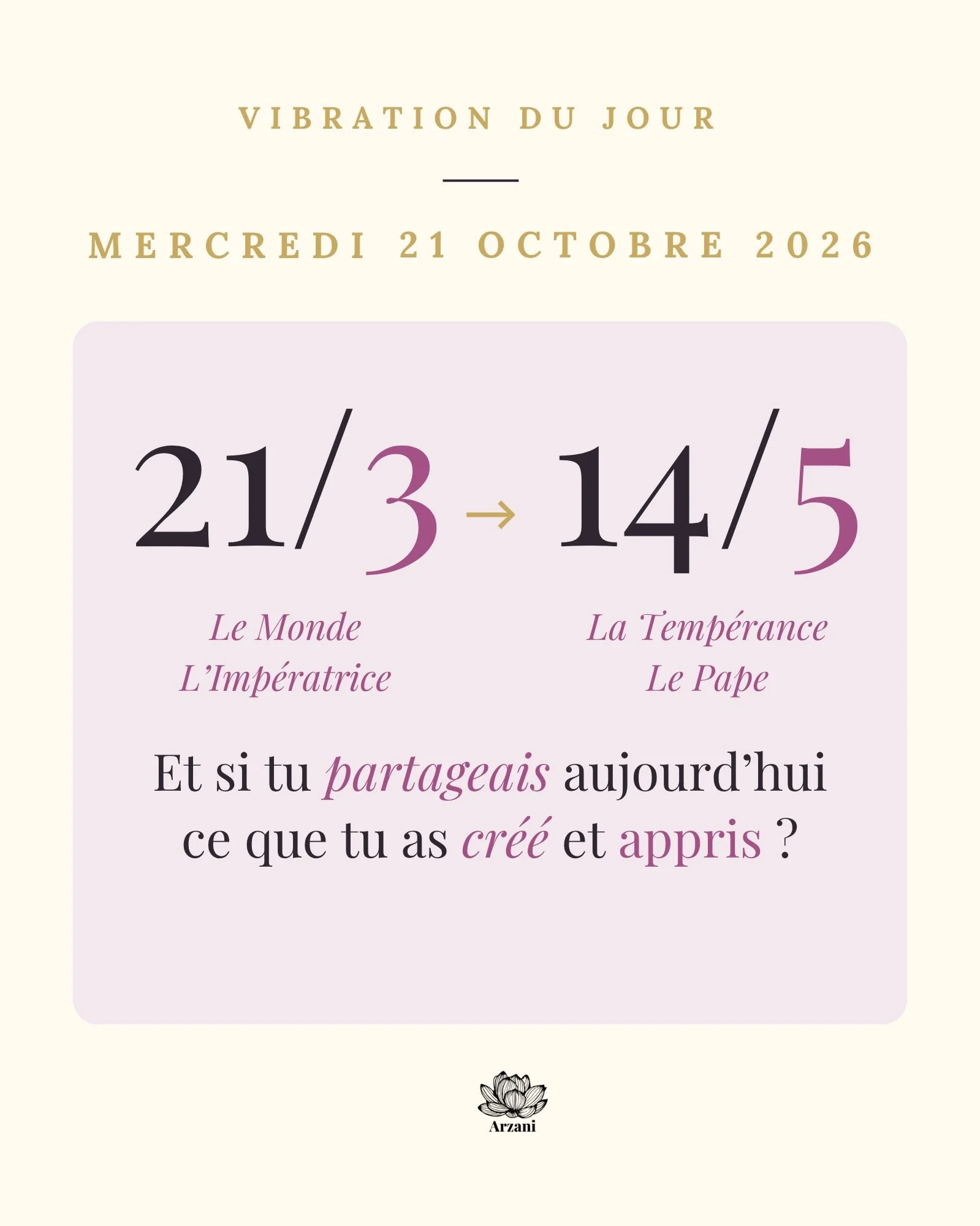 💛 Belles &acirc;mes, ce mercredi c&eacute;l&egrave;bre le partage ✨

✨ Le 21/3 du jour nous offre la vibration du 3 : l&rsquo;expression, la cr&eacute;ativit&eacute;, la communication. Elle s&rsquo;exprime &agrave; travers Le Monde (21), l&rsquo;acc