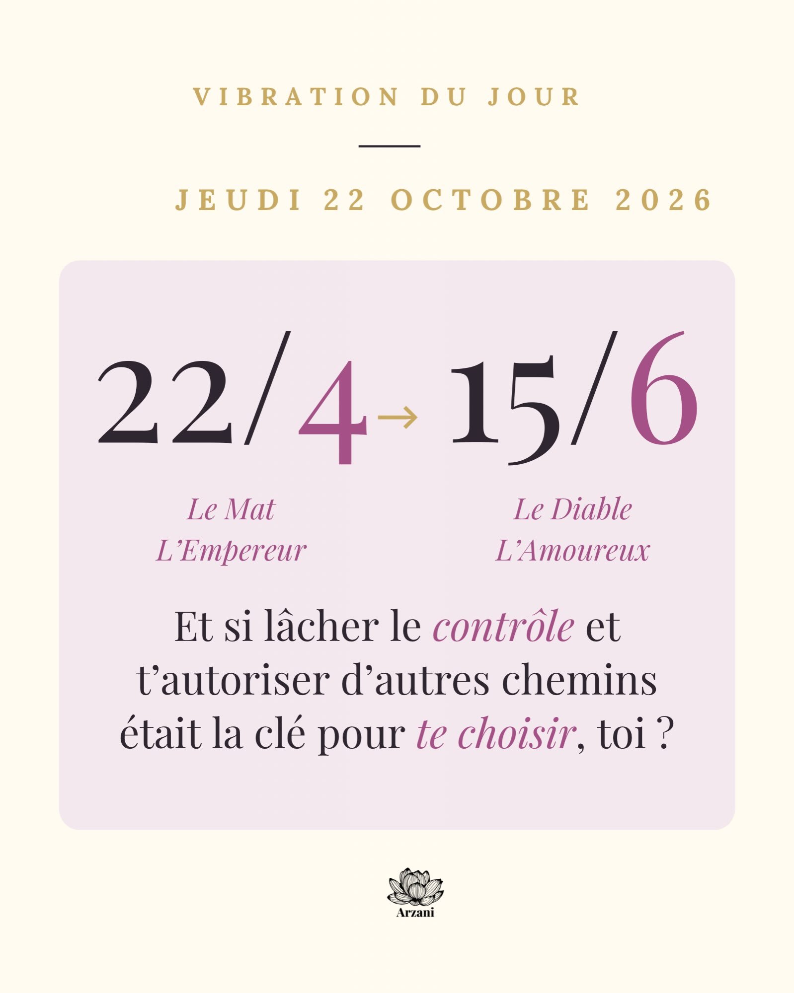 💛 Belles &acirc;mes, ce jeudi relie libert&eacute; et choix du c&oelig;ur 💫
✨ Le 22/4 du jour nous offre la vibration du 4 : la structure, la stabilit&eacute;, le concret. Elle s&rsquo;exprime &agrave; travers Le Mat (22), l&rsquo;&eacute;lan de li