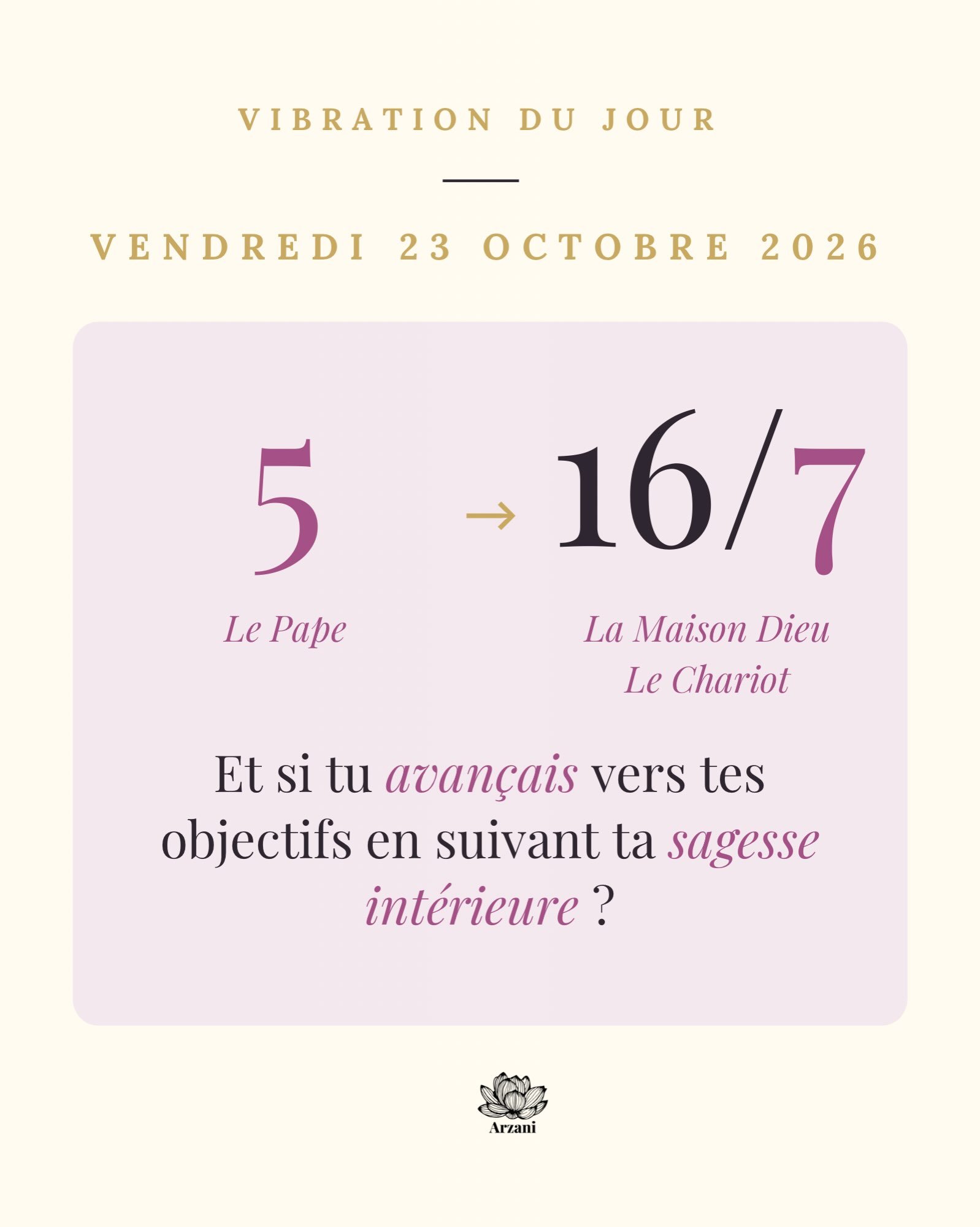 💛 Belles &acirc;mes, ce vendredi met la sagesse en mouvement 🌟
✨ La vibration 5 du jour, port&eacute;e par Le Pape, nous invite &agrave; l&rsquo;ouverture et &agrave; l&rsquo;&eacute;coute de la sagesse, en nous et autour de nous.

✨ Le total 16/7 