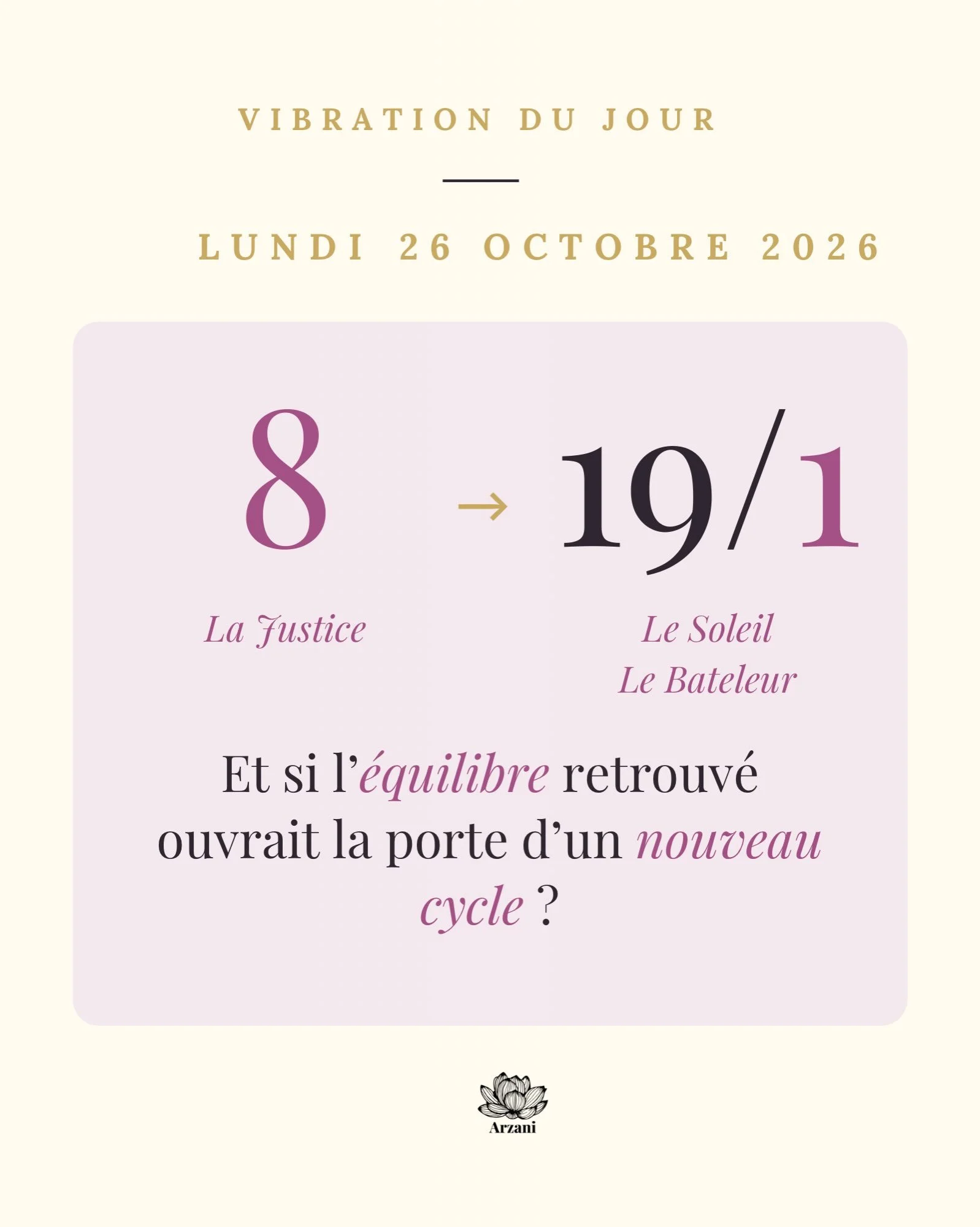 💛 Belles &acirc;mes, la semaine s&rsquo;ouvre sur un tournant ✨

✨ La vibration 8 du jour, port&eacute;e par La Justice, nous invite &agrave; remettre de l&rsquo;&eacute;quilibre et de la clart&eacute; dans nos choix.

✨ Le total 19/1 apporte la vib