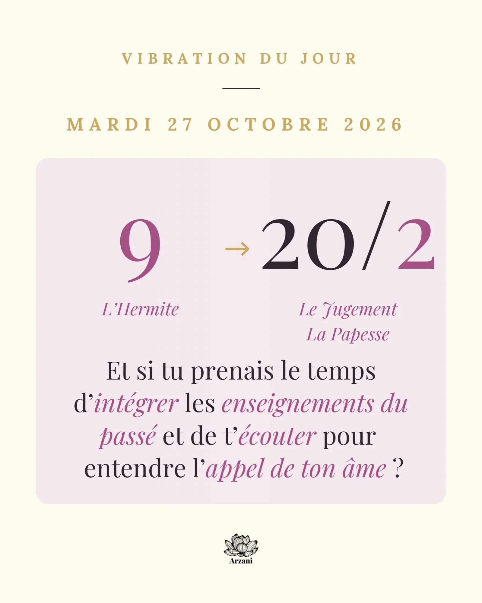 💛 Belles &acirc;mes, ce mardi nous invite &agrave; la force tranquille 🕯️

✨ La vibration 9 du jour, port&eacute;e par L&rsquo;Hermite, nous invite &agrave; prendre du recul et &agrave; &eacute;couter notre lumi&egrave;re int&eacute;rieure.

✨ Le t