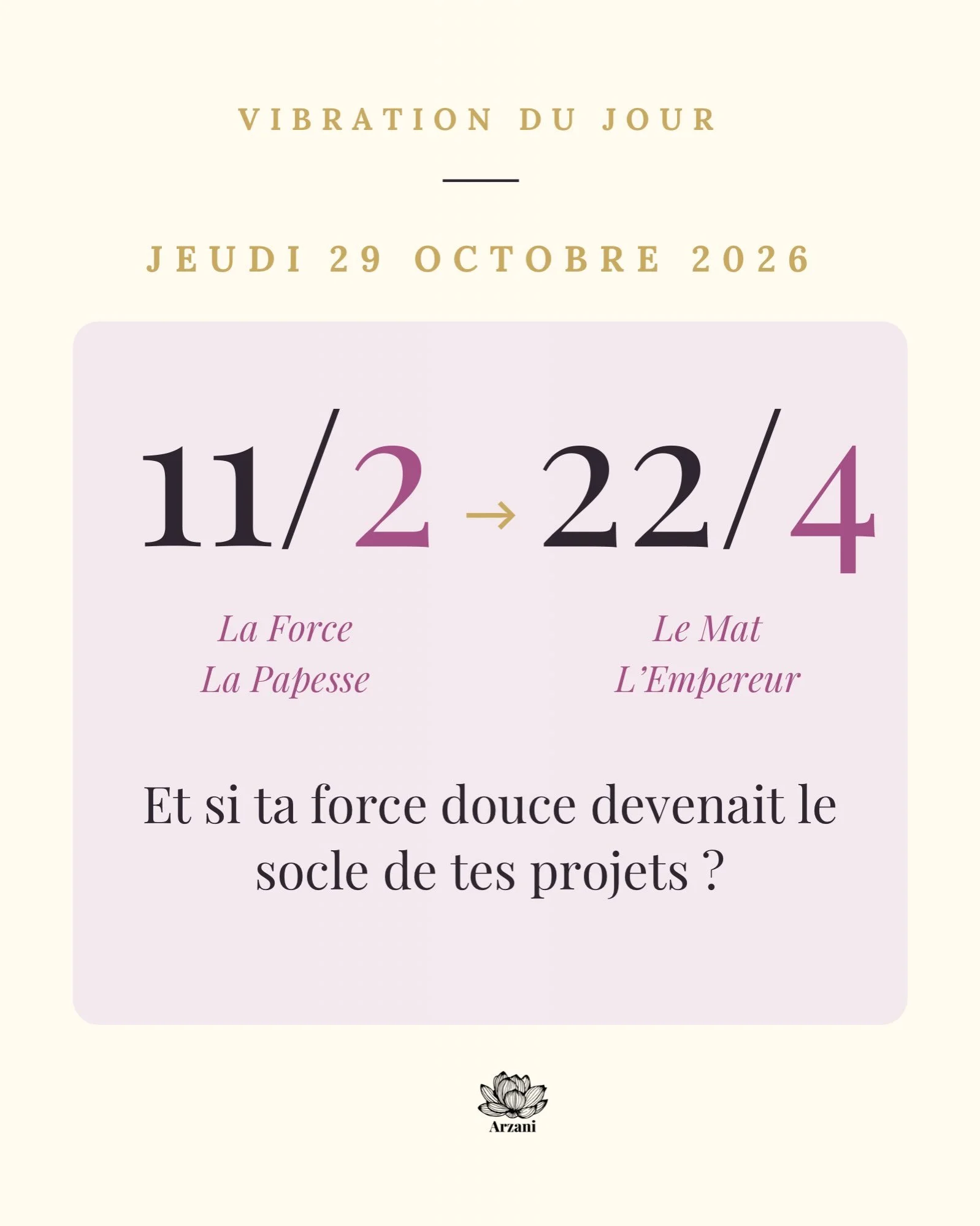 💛 Belles &acirc;mes, ce jeudi allie douceur et solidit&eacute; 

✨ Le 11/2 du jour nous offre la vibration du 2 : l&rsquo;&eacute;coute, l&rsquo;intuition, la patience. Elle s&rsquo;exprime &agrave; travers La Force (11), la puissance douce qui appr