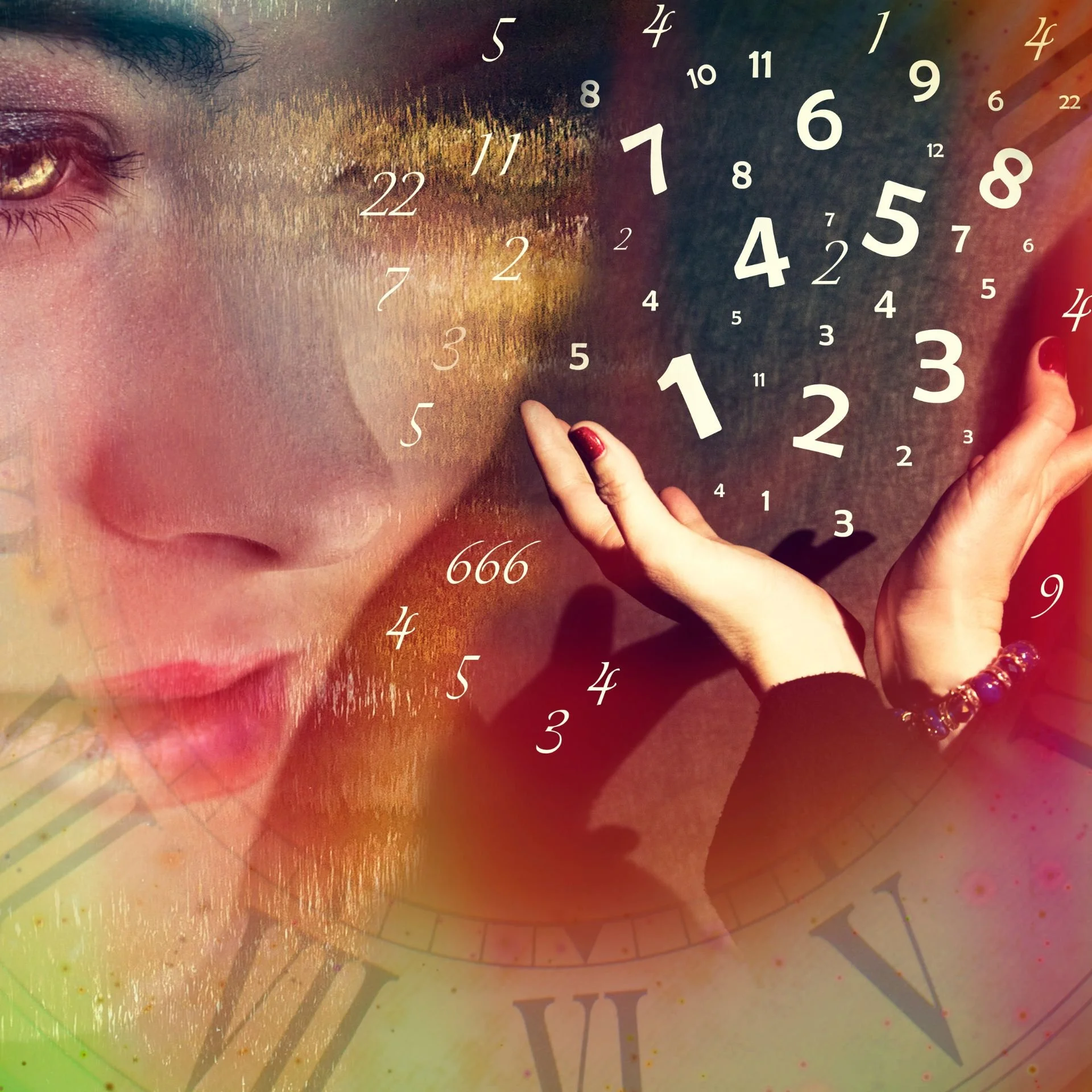 Une œuvre artistique combinant une image d'un visage humain avec des chiffres blancs en spirale. La main d'une personne avec des ongles peints rouge est visible, touchant les chiffres. L'image est colorée avec des nuances chaudes et des effets de peinture numérique.