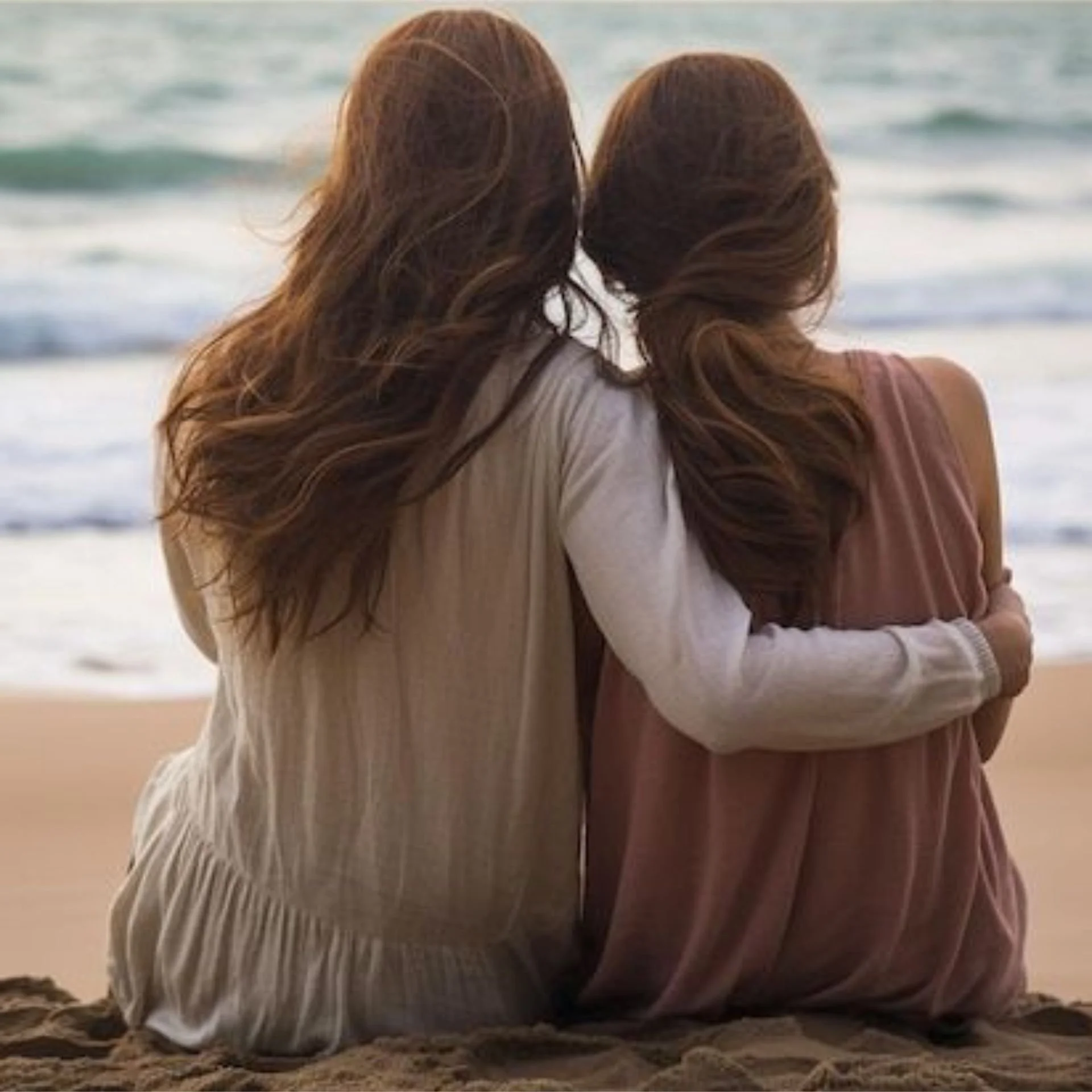 Deux femmes aux cheveux longs assises sur la plage, regardant l'océan.