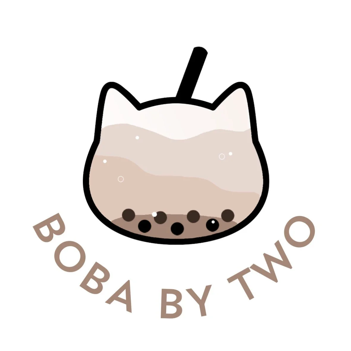 A minimalist illustration of bubble tea in a cat-shaped cup with tapioca pearls at the bottom and a straw on top, with the words "BOBA BY TWO" curved around the bottom.