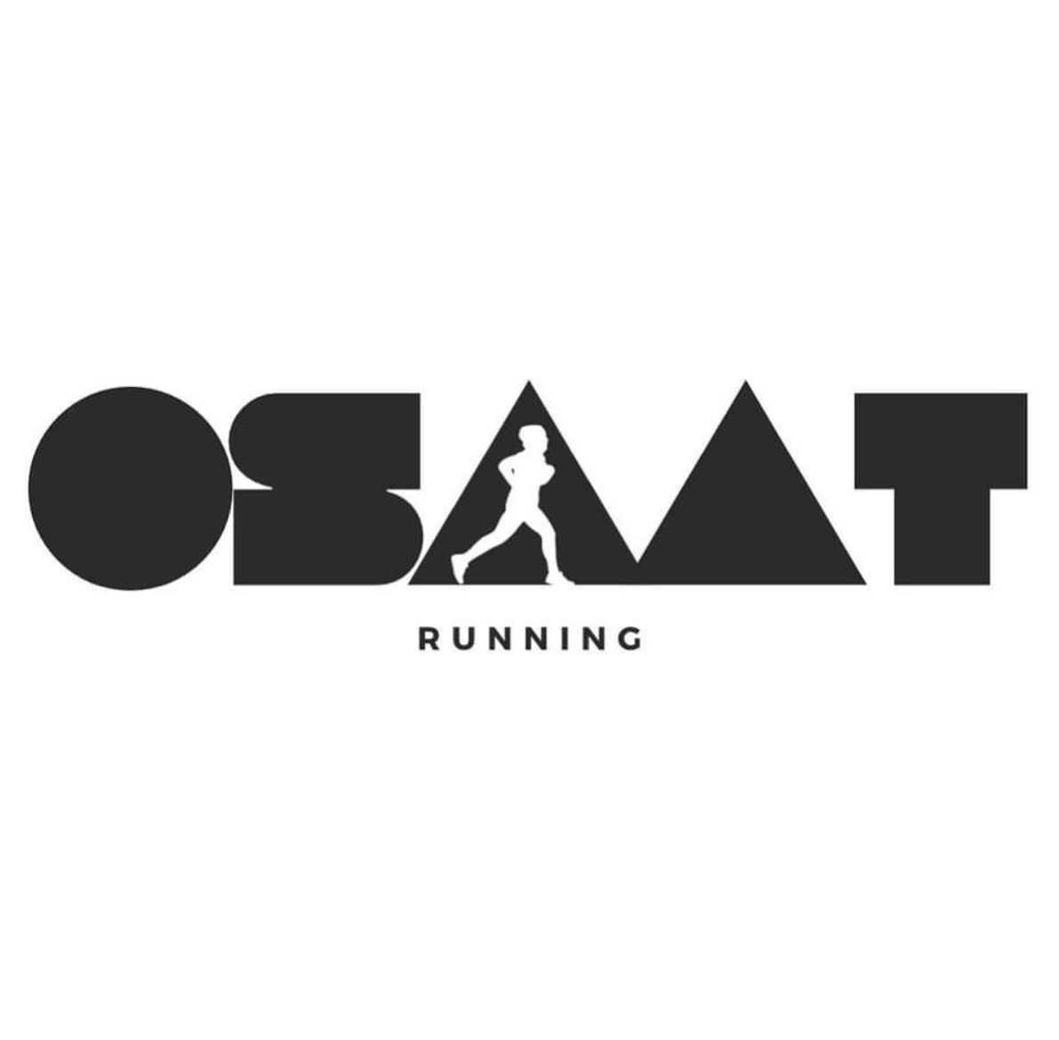The word OBST with black geometric shapes forming the letters, a running person in the middle, and the word RUNNING underneath.