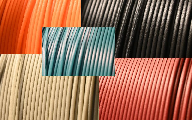 Close-up of colorful twisted cables or wires arranged in a collage format.